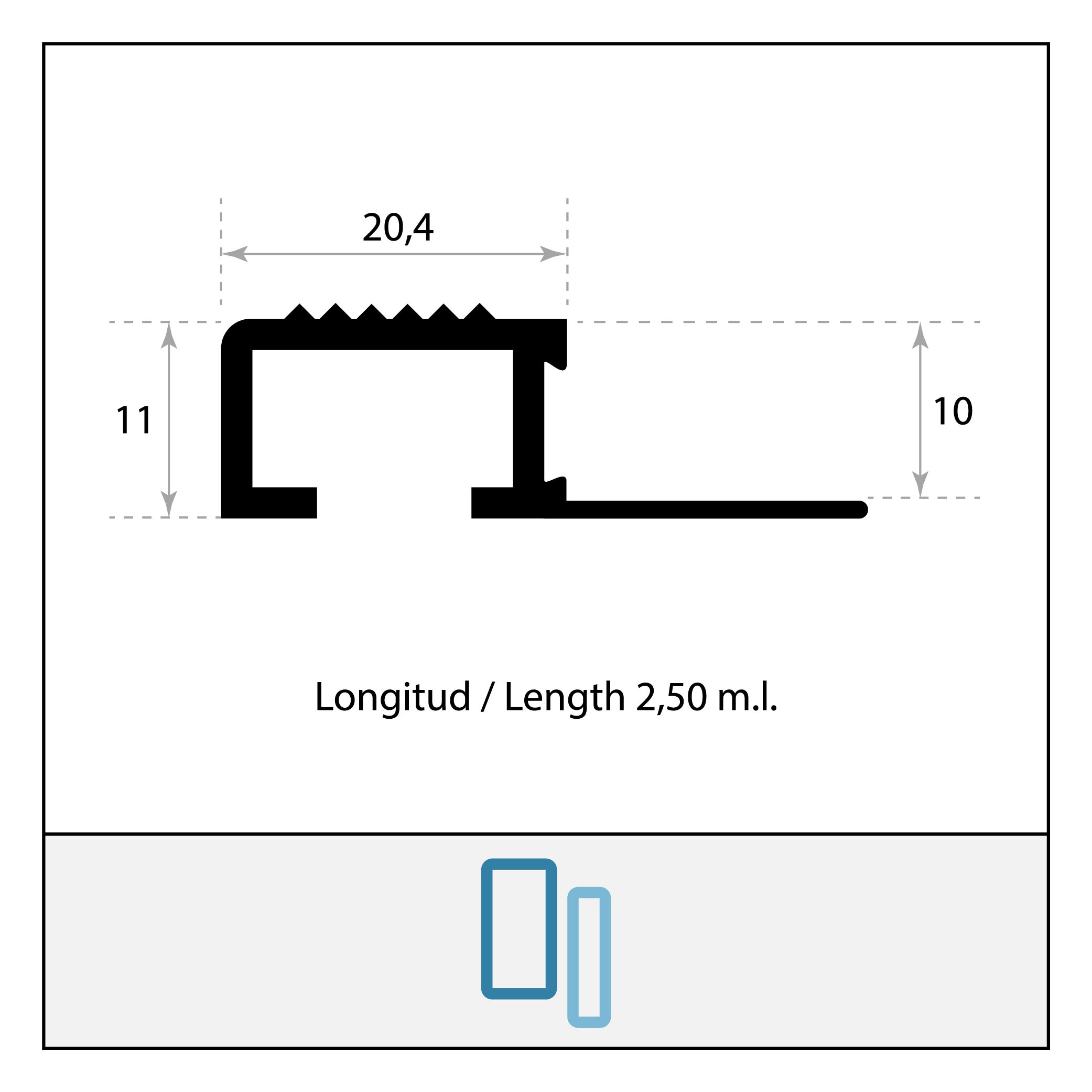 Nez de Marche 10mm Antiderapante Pour Carrelage EXTERIEUR / INTERIEUR L 2,5m Finition Argent Mat. Aluminium Anodisé. - 2