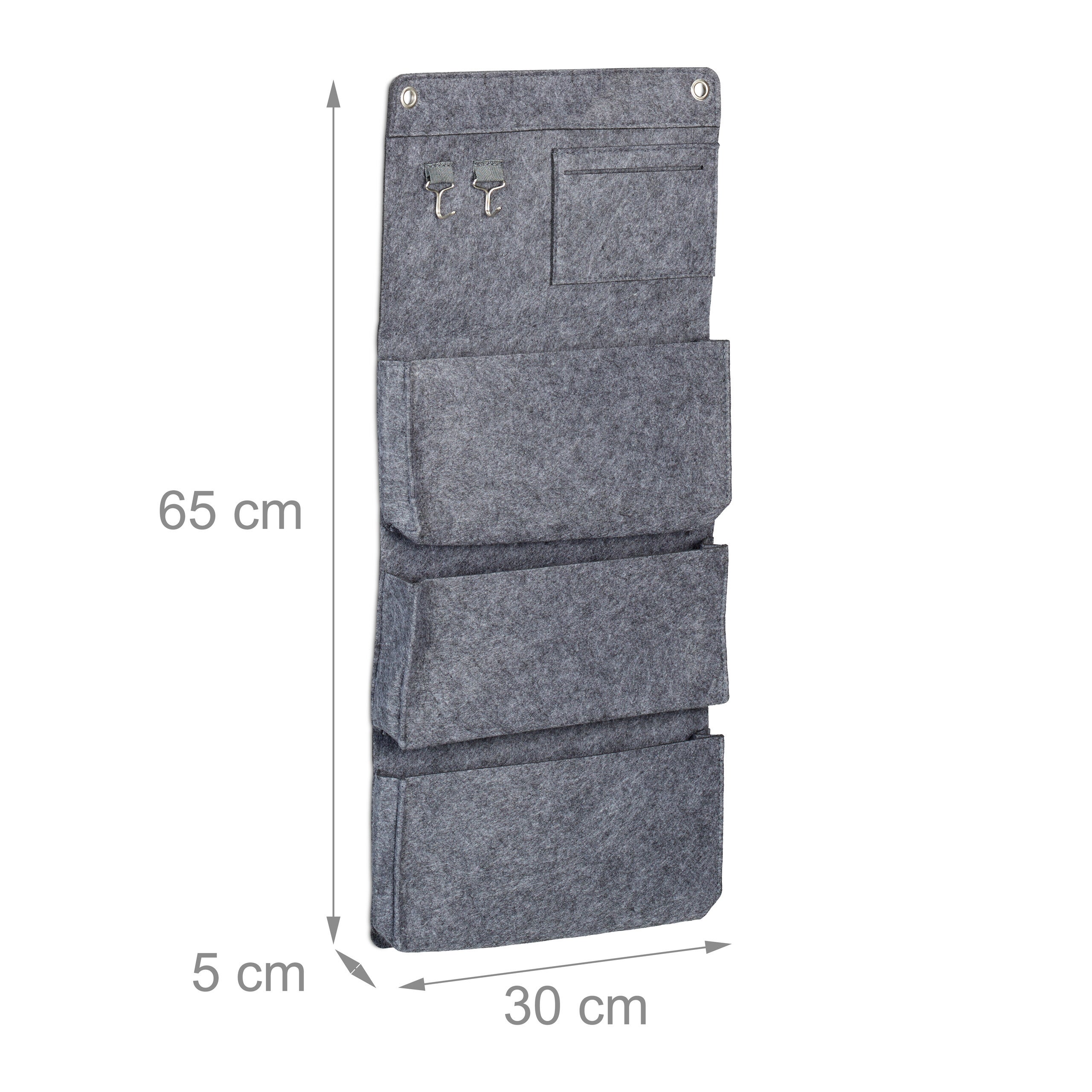 Organisateur suspendu, lot de 2, 4 compartiments, 2 crochets, 65 x 30 x 5 cm, en feutre gris, pour salle de bains, entrée et bureau, Relaxdays - 4