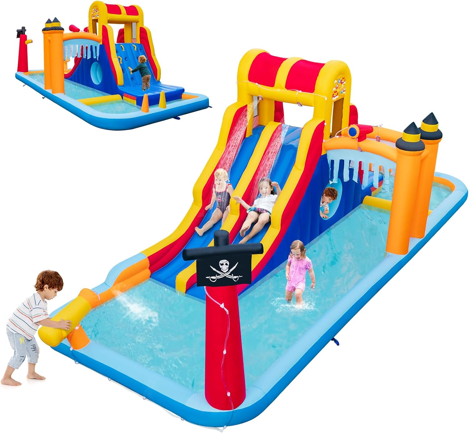 Nadmuchiwany Plac Zabaw – 2 Zjeżdżalnie/Ścianka Wspinaczkowa/Armatka Wodna/Brodziki – Obciążenie 90 kg bez Dmuchawy – dla 3 Dzieci w Wieku 3–10 lat