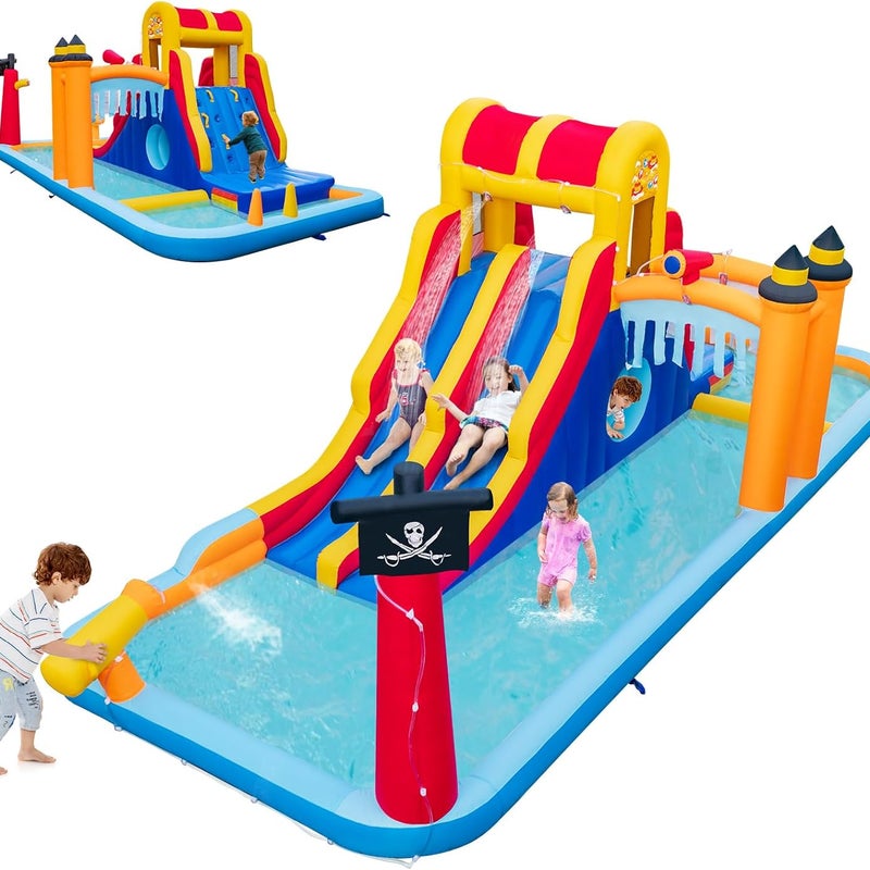 Nadmuchiwany Plac Zabaw – 2 Zjeżdżalnie/Ścianka Wspinaczkowa/Armatka Wodna/Brodziki – Obciążenie 90 kg bez Dmuchawy – dla 3 Dzieci w Wieku 3–10 lat