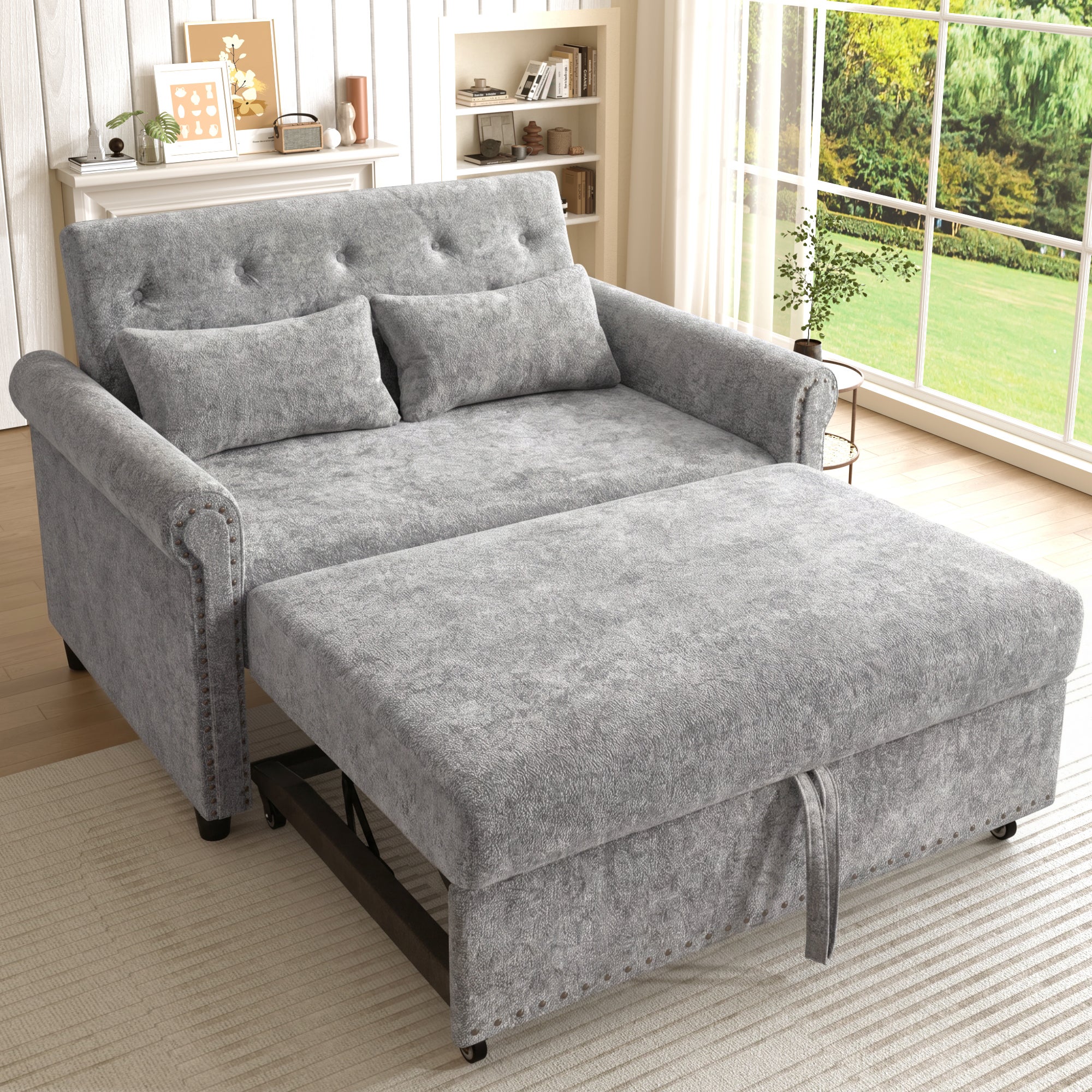 Sofa rozkładana 3 w 1 z odchylanym oparciem (110°/145°/180°) - Tkanina szenilowa - Powierzchnia spania 170 x 98 cm - 2 poduszki - Szary - 2