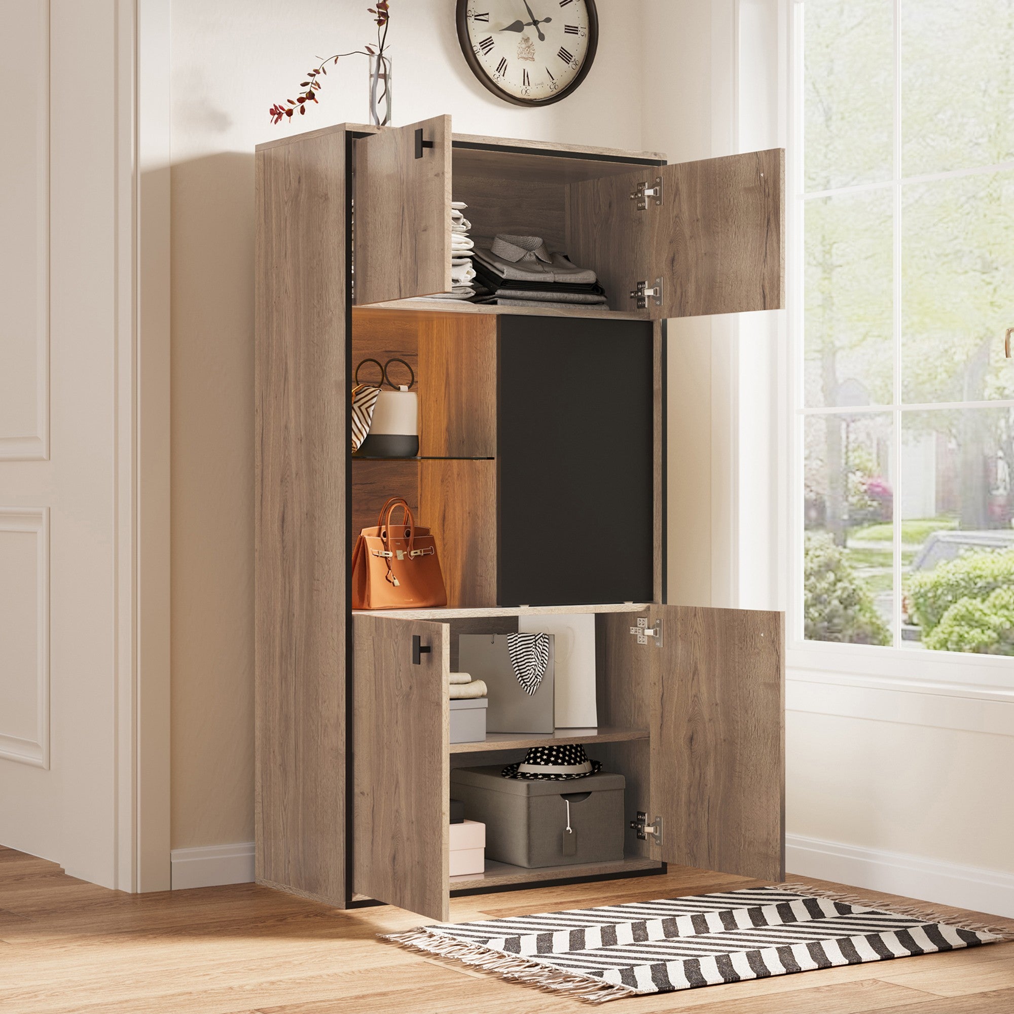 Armoire de Rangement 150cm Effet Bois & Noir - Buffet Haut avec Porte Coulissante & Placard - Style Industriel Bureau Salon - 3