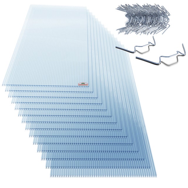 GARDEBRUK® 14x Plaques de polycarbonate creux 4mm 121x60,5cm 50 clips vitrage serre de jardin 10,25m² résistant UV double paroi isolante alvéolaire