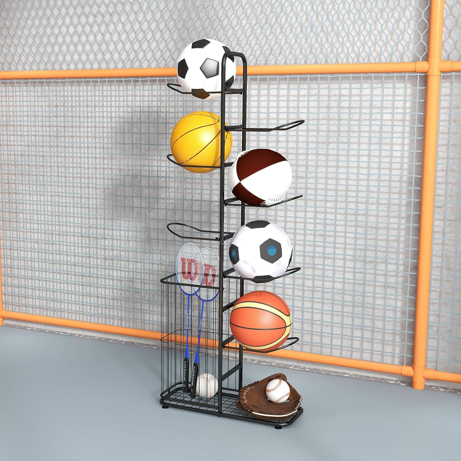 Rack de Arrumação de 7 Níveis, Organizador de Equipamento Desportivo com Cesto, Hastes para Pendurar, para Bolas de Futebol, Bolas de Rugby, Bolas de - 8