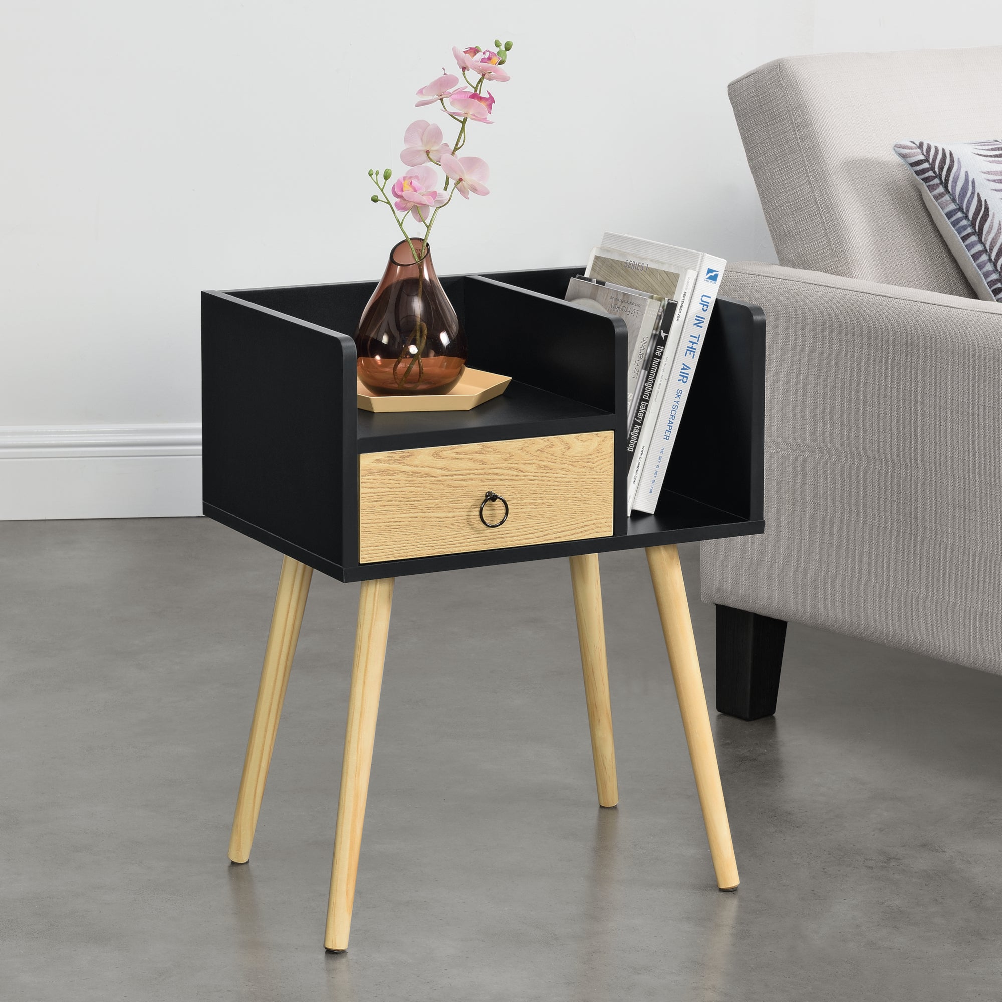 Comodino Gibbston con Cassetto e 2 Scomparti Aperti 64x50x36 cm - Nero/Colore Legno [en.casa] - 7