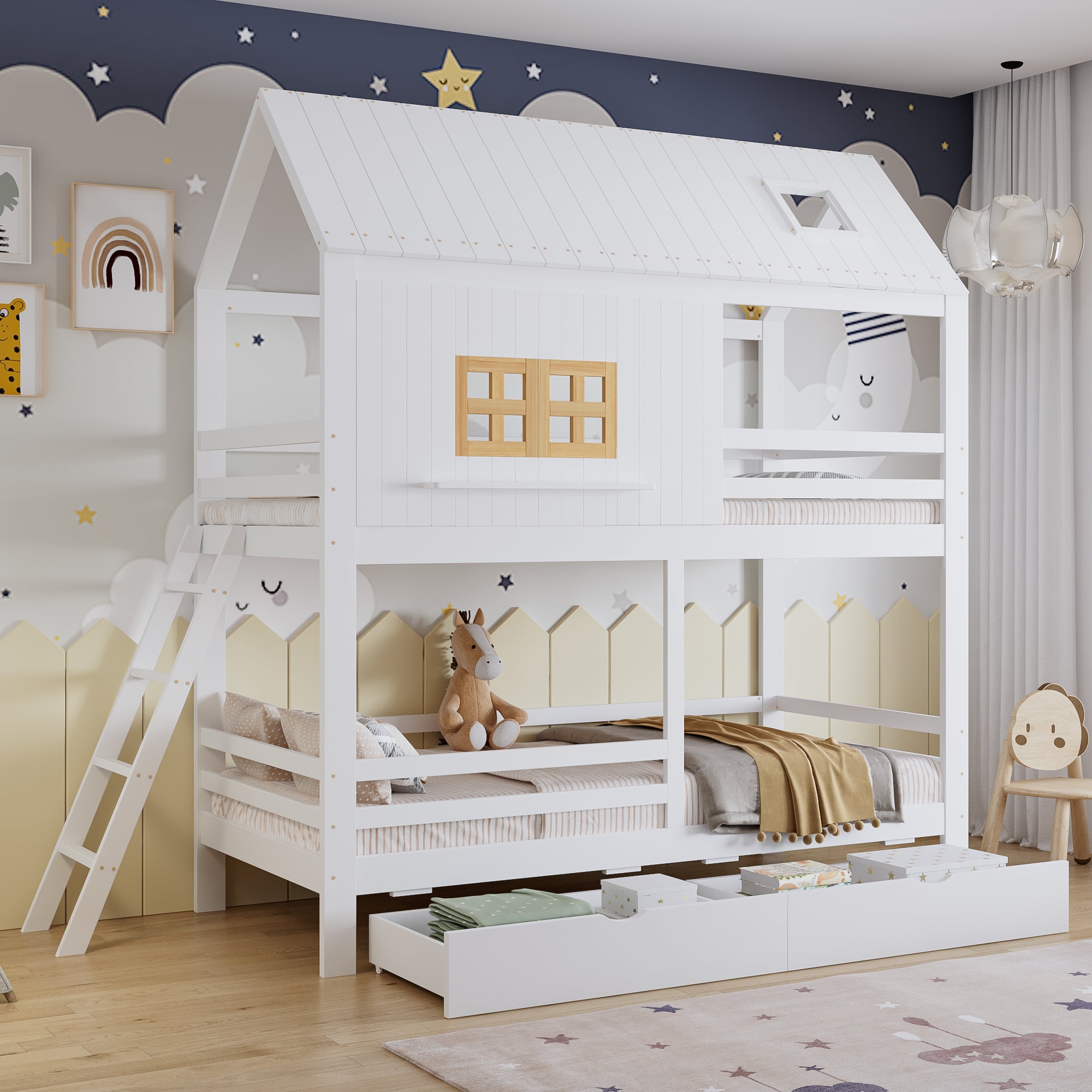 Łóżka piętrowe 2 x 90 x 200 cm z 2 szufladami i dachem - Sosna + MDF + sklejka - Białe + naturalne (Materace nie są wliczone w cenę)