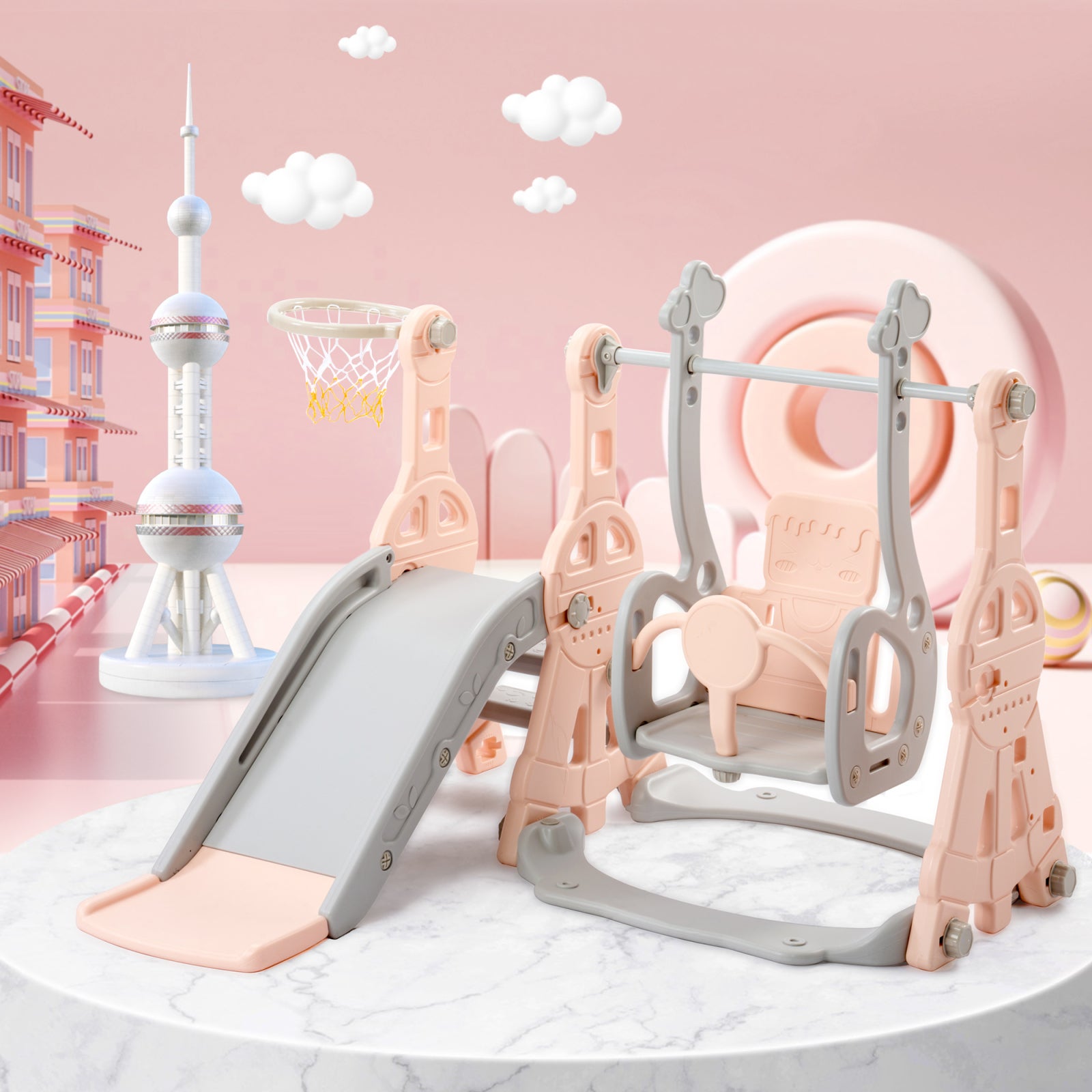 Toboggan pour Enfants 4 en 1,Toboggan Intérieure Enfant avec Balançoire,Panier de Basket et Échelle d'escalade,pour Enfants De 1 à 3 Ans(Rose) - 7