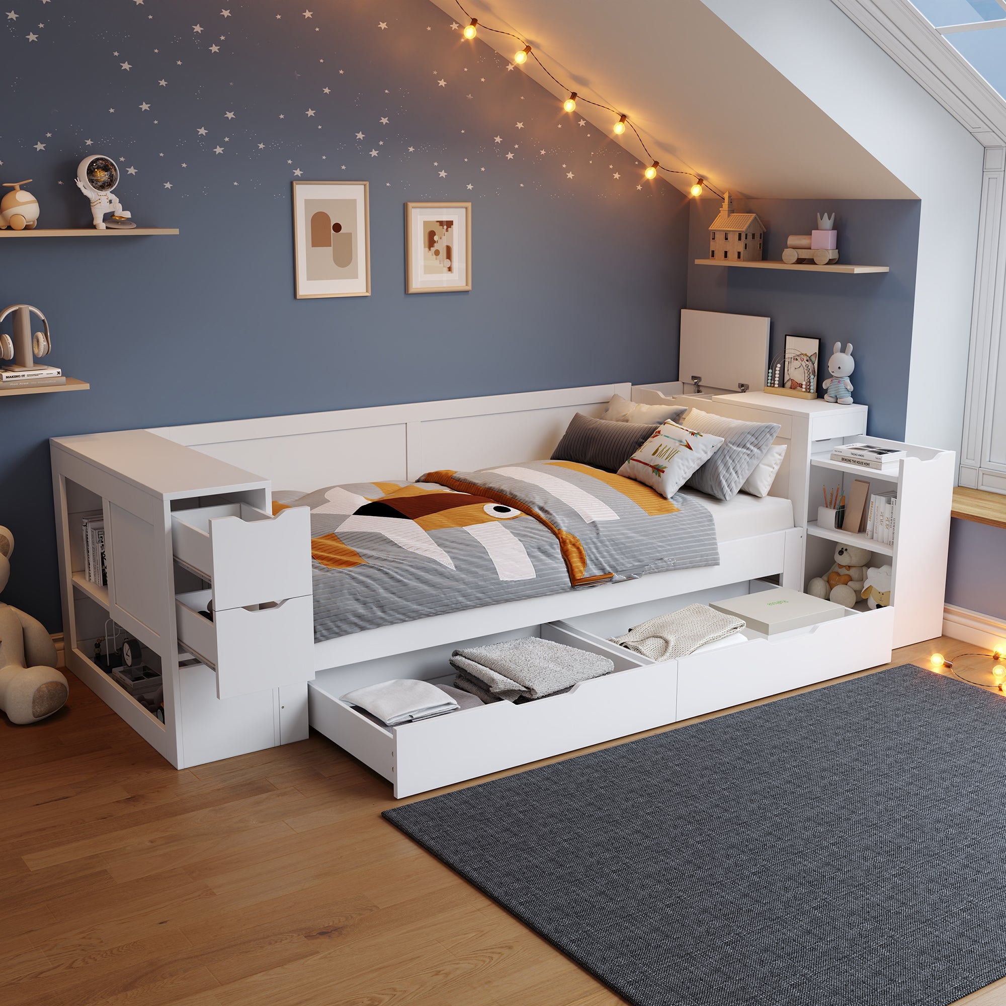 Łóżko dziecięce 90 x 190 cm z 4 szufladami i półkami - MDF - białe (materac nie jest wliczony w cenę)