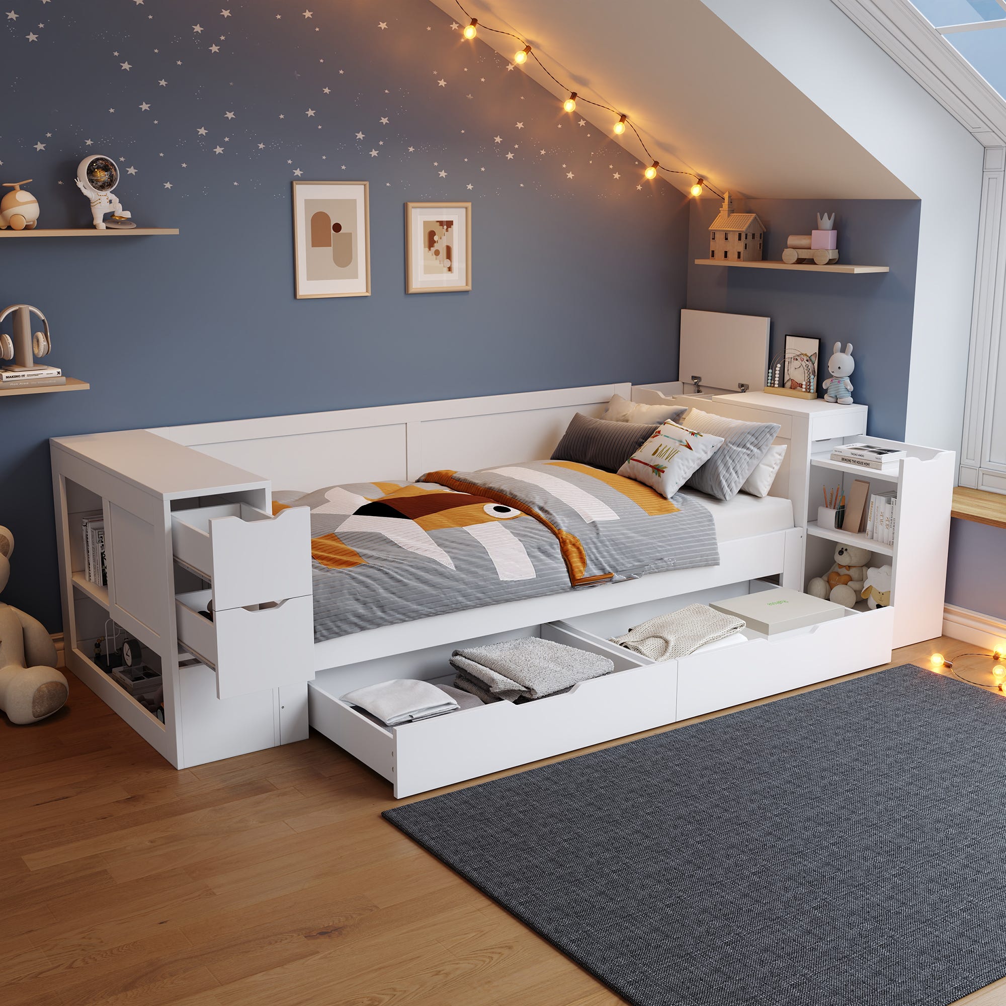 Lit A Rangement Lit enfant 90 x 190 cm avec 4 tiroirs et étagères de rangement - MDF ...