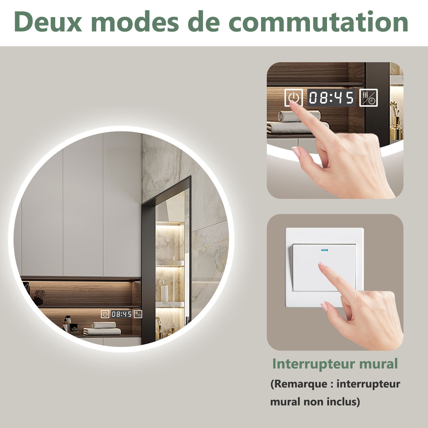 AICA Miroir lumineux rond 60cm,3 couleurs + dimmable + horloge + anti-buée + mémoire, miroir salle de bain - 6