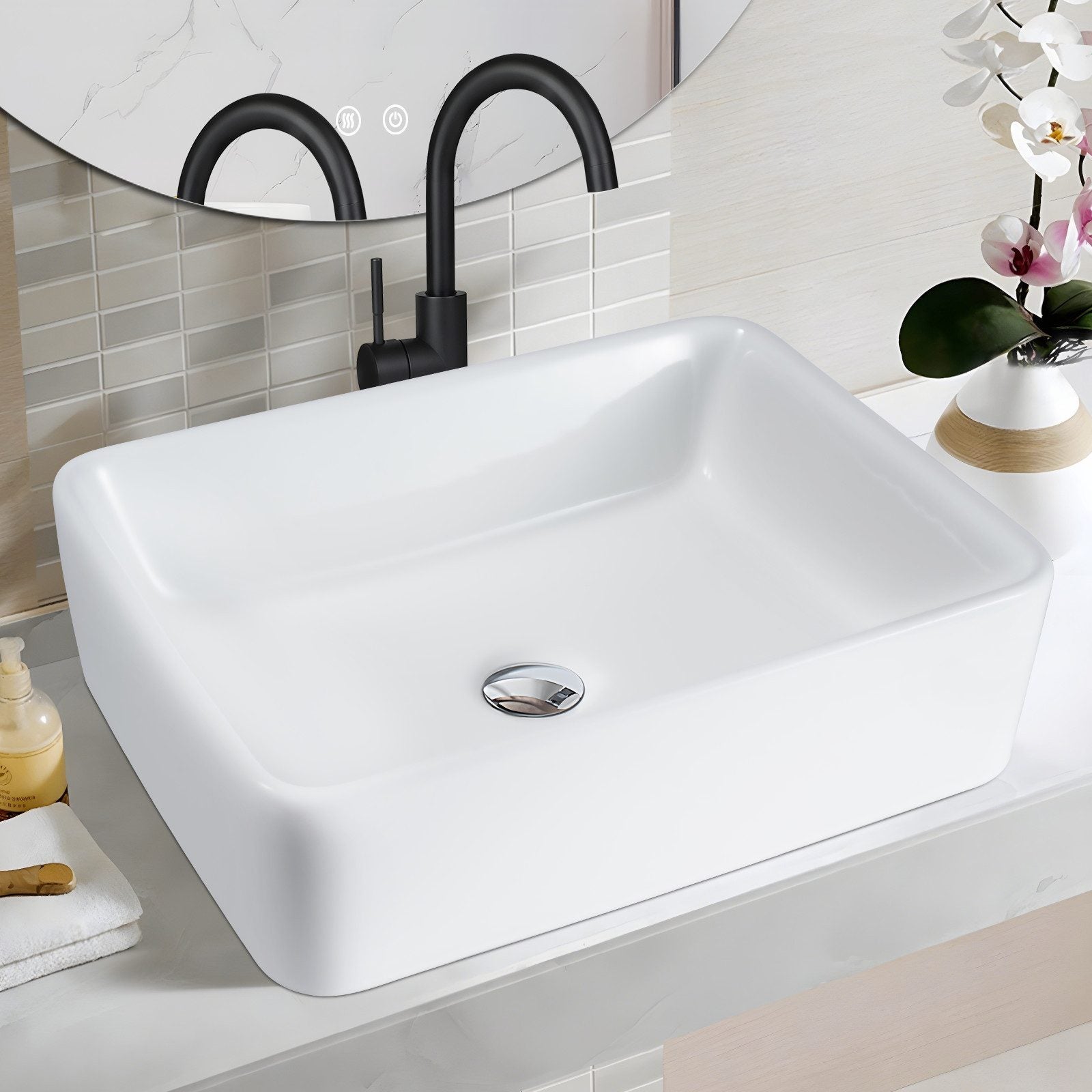 Umywalka ceramiczna NETTLIFE nablatowa - biała kwadratowa umywalka nablatowa