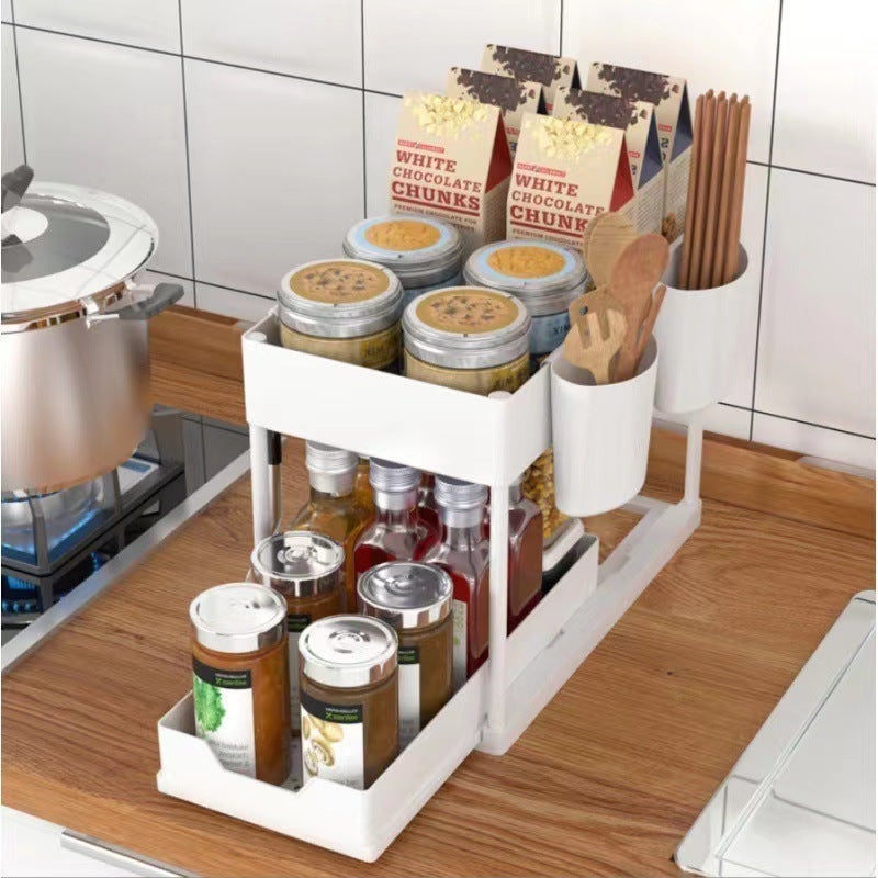 Organiseur sous évier, organiseur pour armoire de salle de bain, panier coulissant à 2 niveaux, paniers de rangement multi-usages pour salle de bain - 3