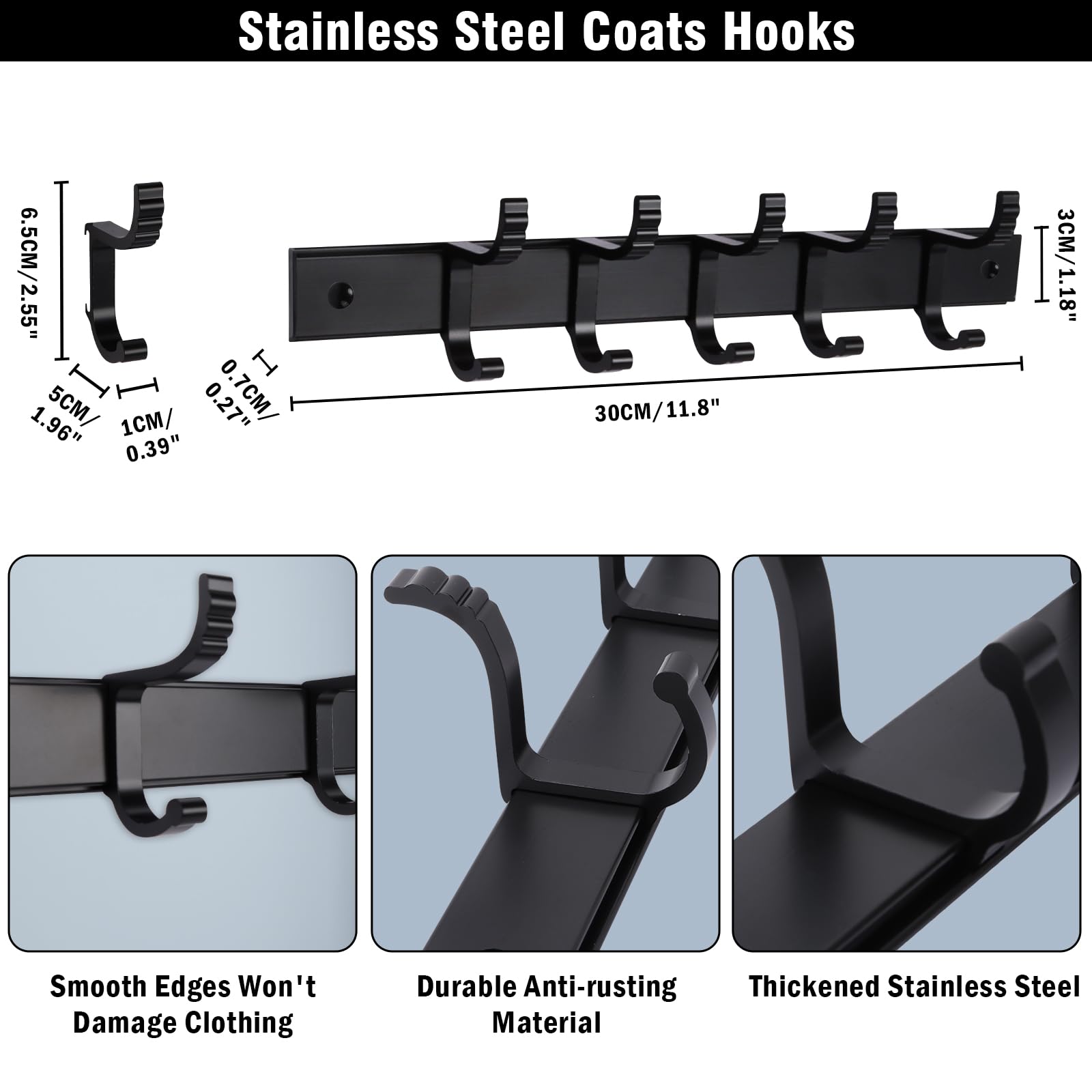 Paquet de 2 patères murales, patères pour porte murale, cintres robustes fixés au mur, porte-manteaux avec 5 crochets, noir - 4