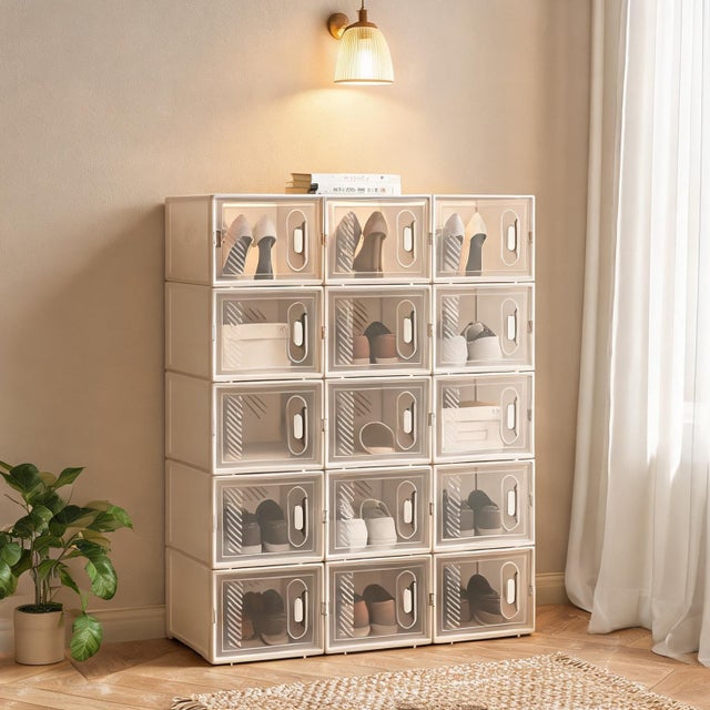 Cajas apilables de plástico transparente y blanco, 18 uds., 25x18,5x35,5 cm c/u