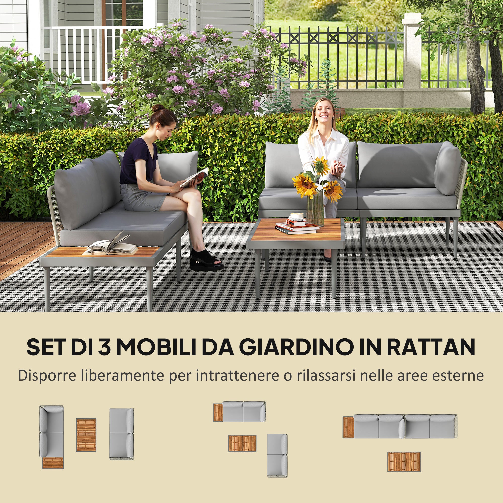 Outsunny Set da Esterno 3 Pezzi con 2 Divanetti 2 Posti e Tavolino Basso, in Rattan e Acciaio Grigio e color Legno - 4