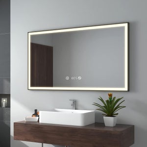 EMKE Miroir lumineux salle de bain 120x70cm, Cadre noir, Miroir LED avec Interrupteur Tactile, Anti-buée, Horloge et Température, Lumière Neutre