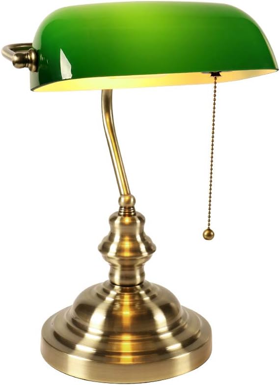Lámpara de mesa de cristal estilo banquero, acabado bronce, estilo vintage, con interruptor de cadena, color verde, sin bombilla.