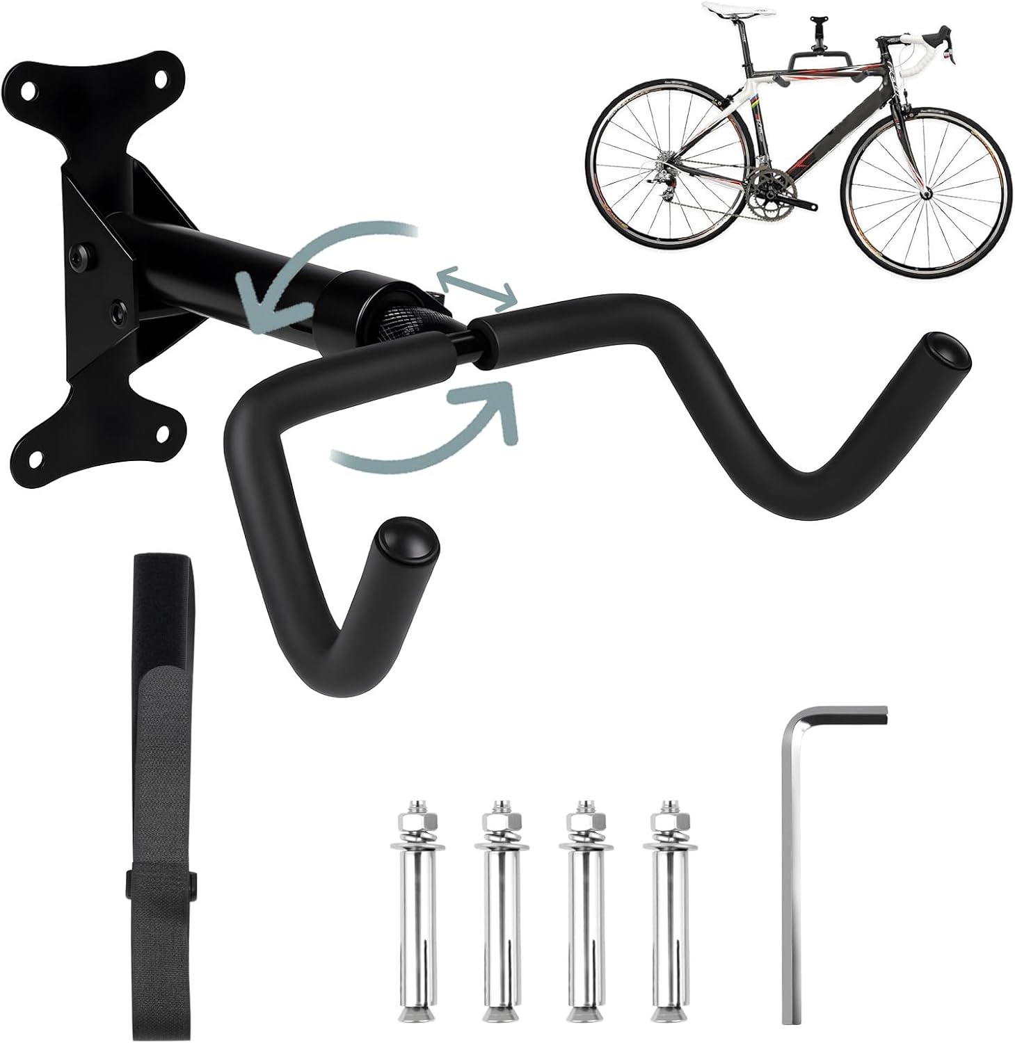 Portabicicletas de pared giratorio de 360°, extensible y plegable