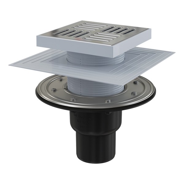 Siphon de sol, sortie verticale ø75/50 mm, grille en inox – 150x150mm, apv4444