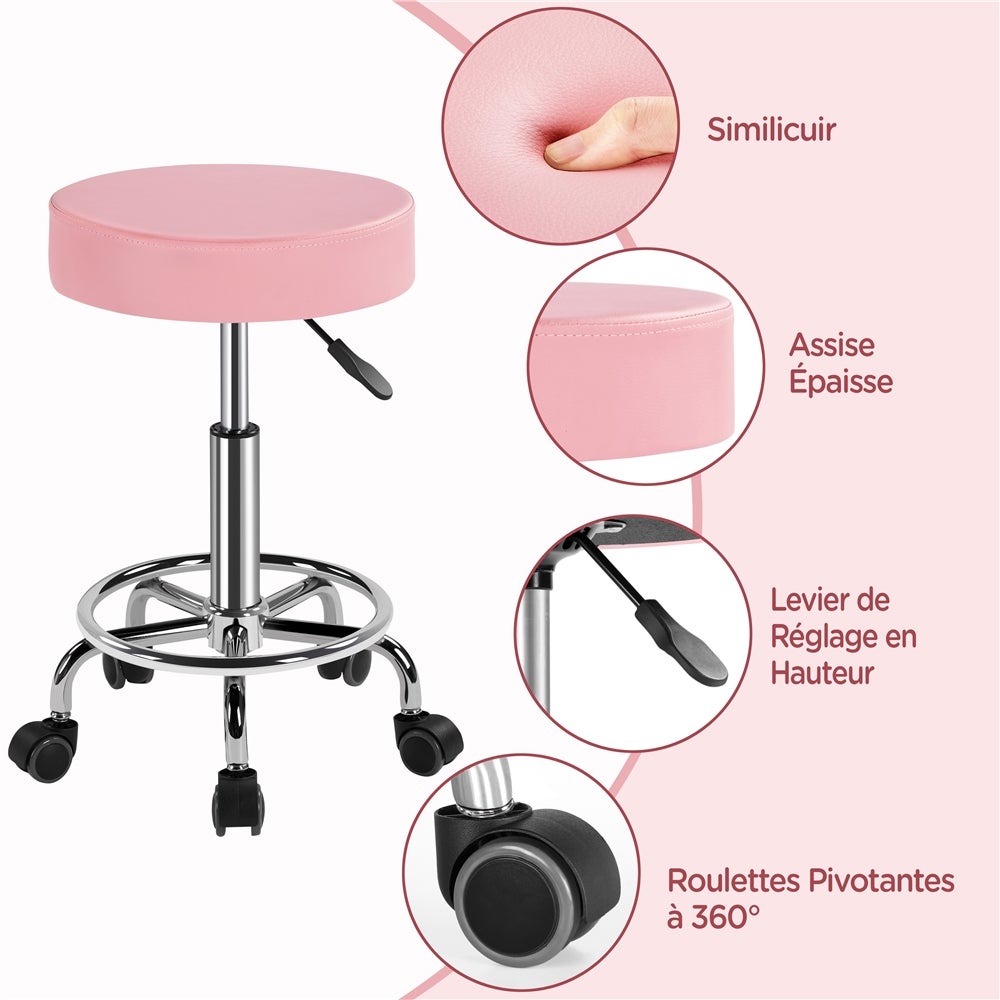 Tabouret Rond à Roulettes avec Assise Réglable en Hauteur et Revêtement en Similicuir Rose Yaheetech - 5