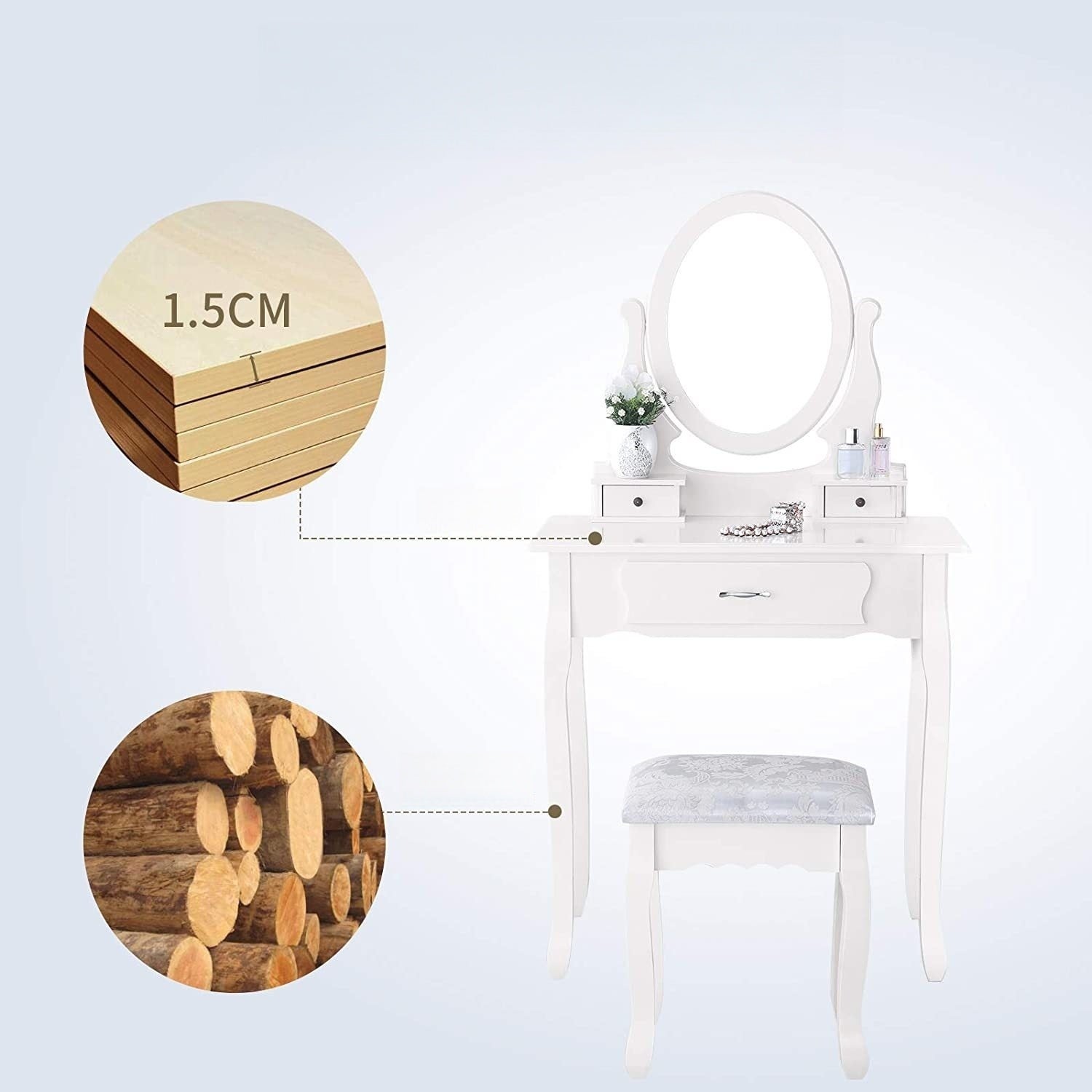 Coiffeuse avec miroir à 360°, 3 tiroirs, 1 tabouret rembourré, miroir amovible, MDF, 40x75x136 cm, style Scandinave - blanc - 2