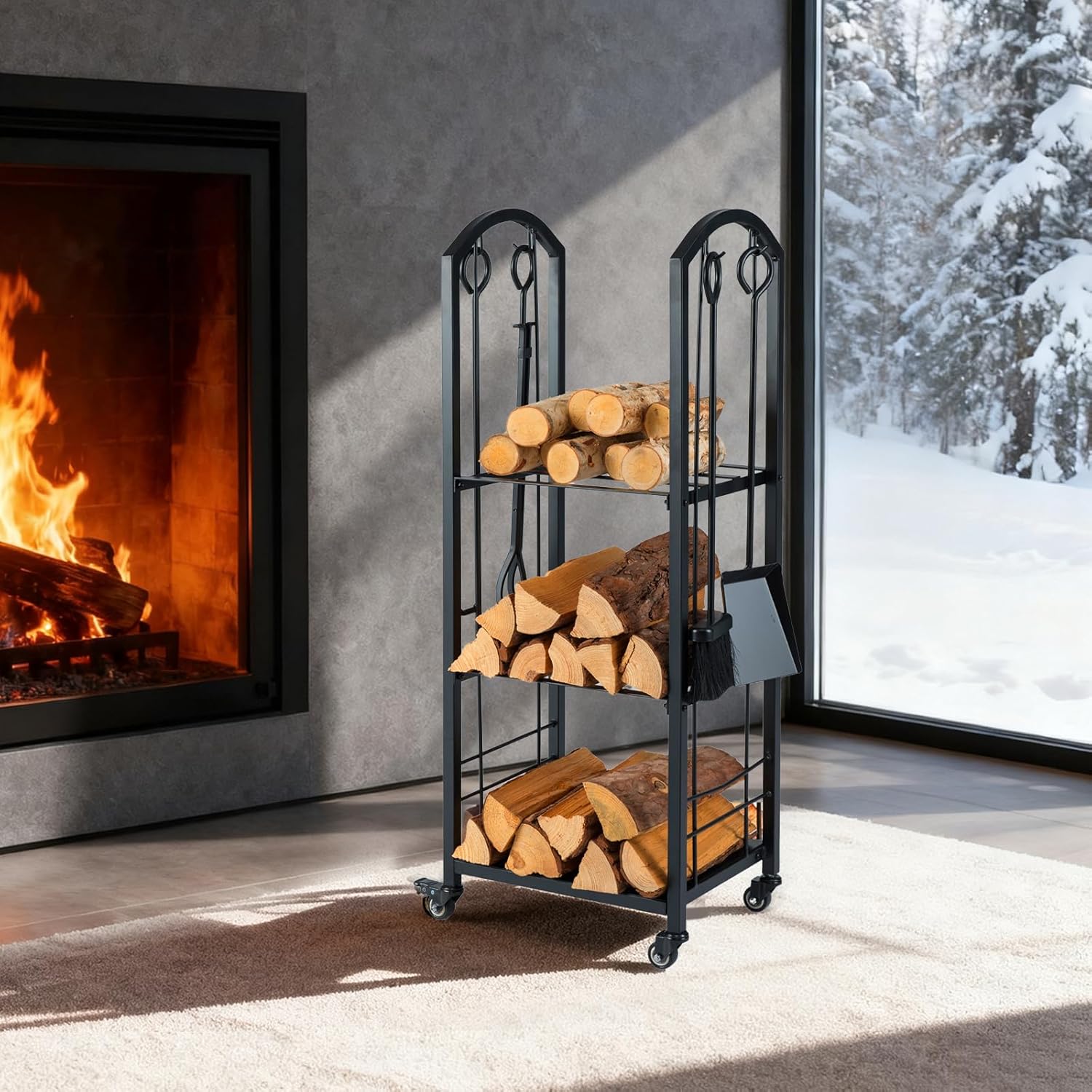 Mobilny Stojak na Drewno Kominkowe do Wnętrz, z 4 Obrotowymi Kółkami i Półkami z Siatki (40 x 30 x 108 cm | 3 Półki)