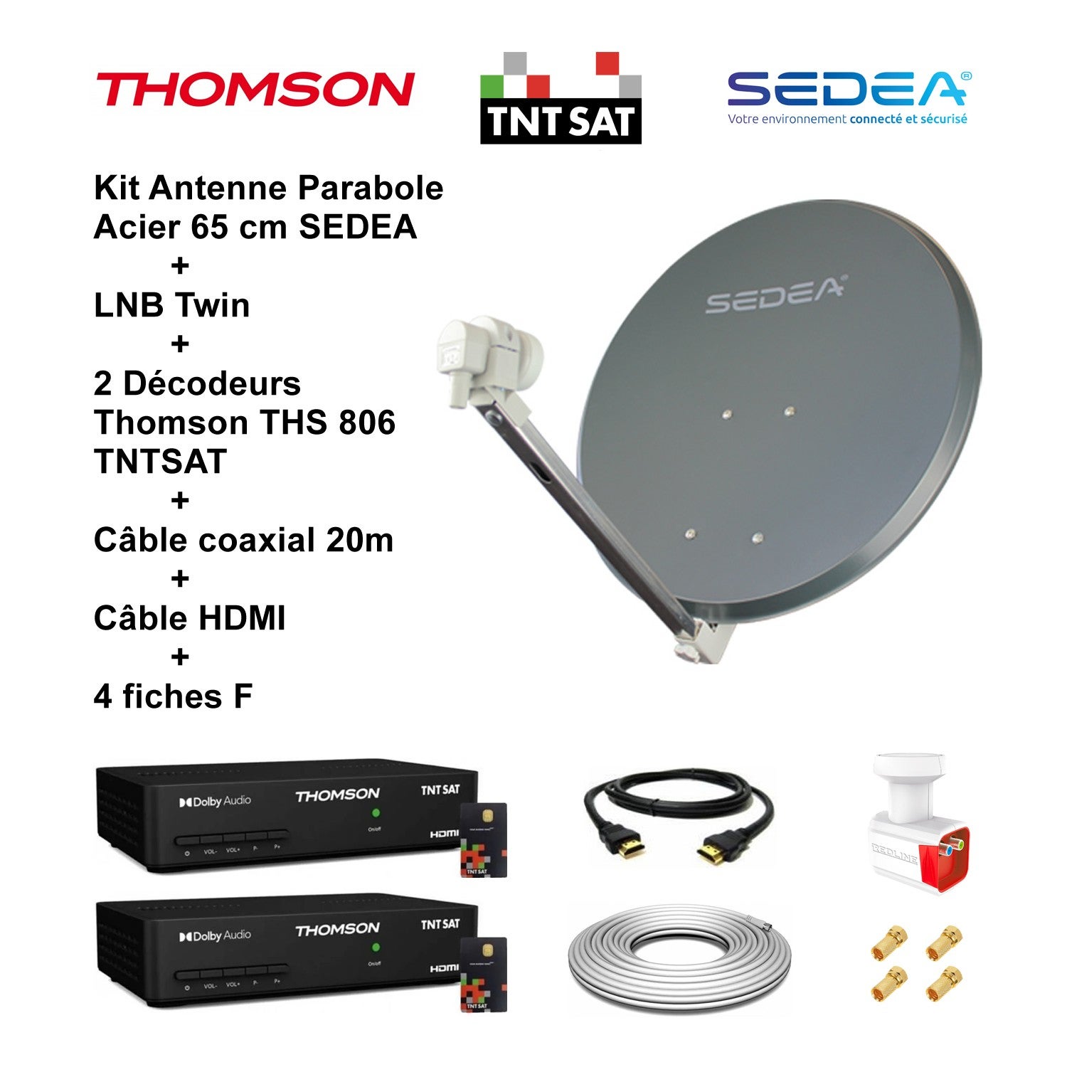 Kit Parabole Satellite 85cm - HDME Easy 85 - LNB Twin, 2 Décodeurs + Câbles