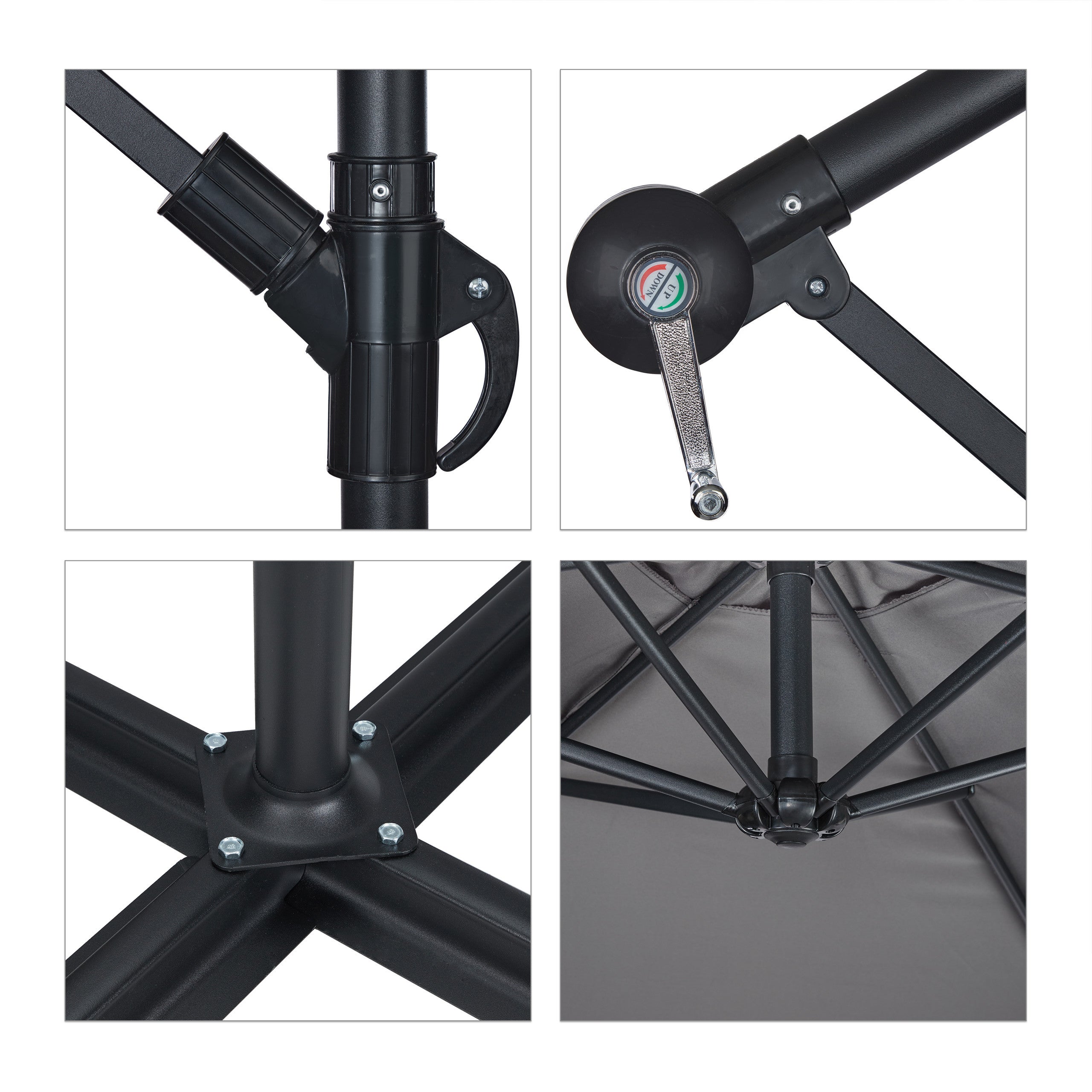 Parasol de jardin déporté, manivelle, ∅ 300 cm, housse de protection, inclinable, stable, XXL, socle, gris, Relaxdays - 8