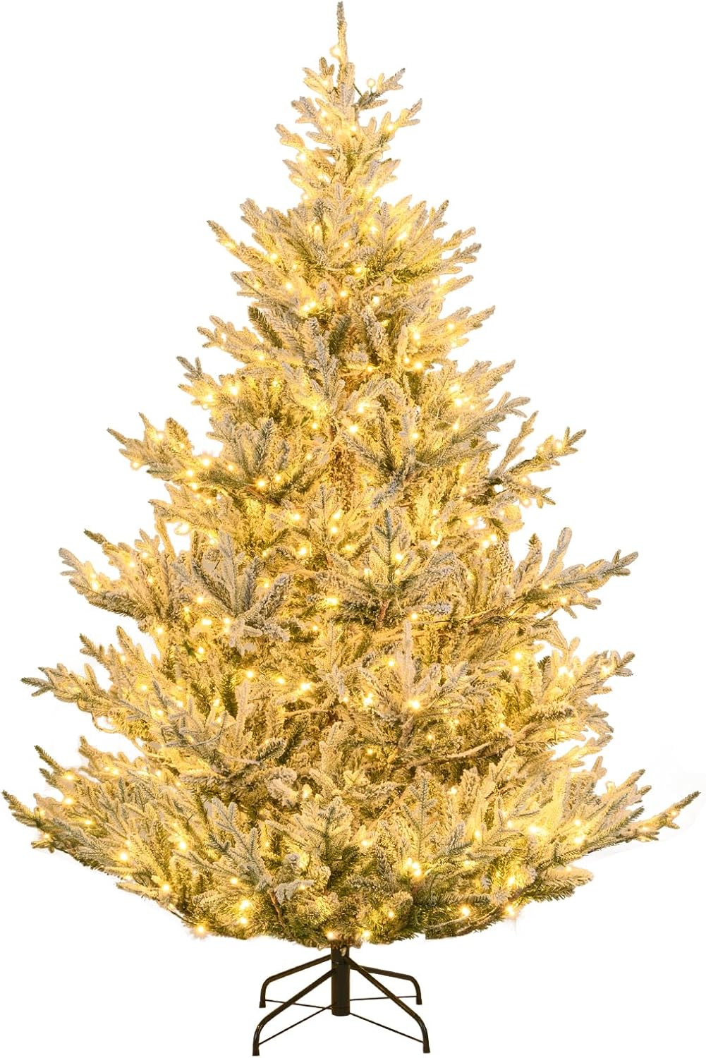 Sztuczna Choinka Bożonarodzeniowa 210 cm z Oświetleniem LED, 450 Ciepłych Białych Lampek, 13 Trybów Świecenia, 1074 Gałęzie Pokryte Śniegiem (210 cm)