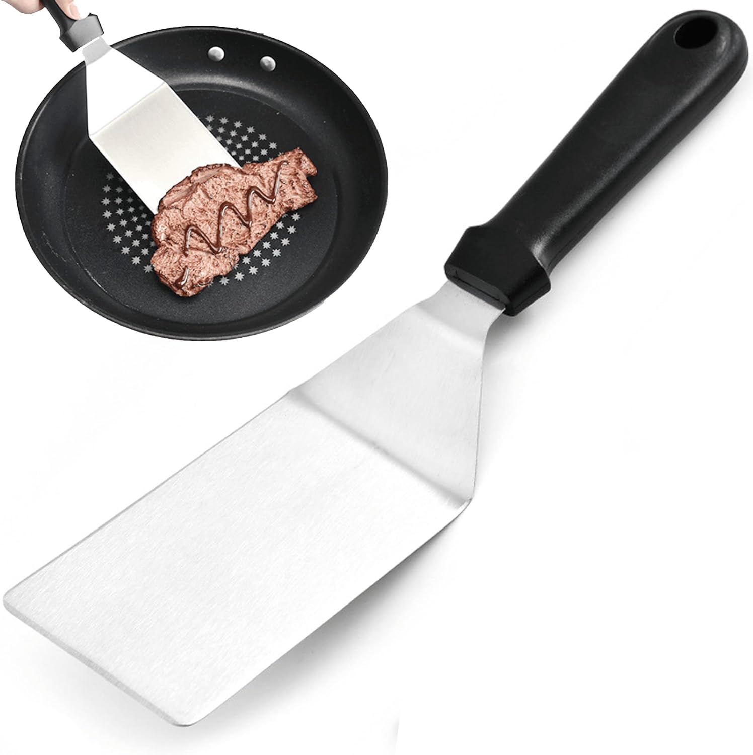 Set Di 2 Spatole Per Grill In Acciaio Inox | Superficie Larga 14x12,7 Cm | Con Raschietto E Manico In Legno | Per Barbecue E Piastre In Ghisa - 2