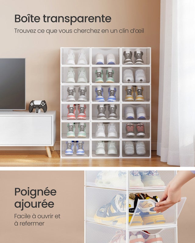 Boîtes à Chaussures, Lot de 18, Transparentes, en Plastique, avec Porte, Empilables, 33,2 x 23 x 14,5 cm, Transparent et Blanc - 3