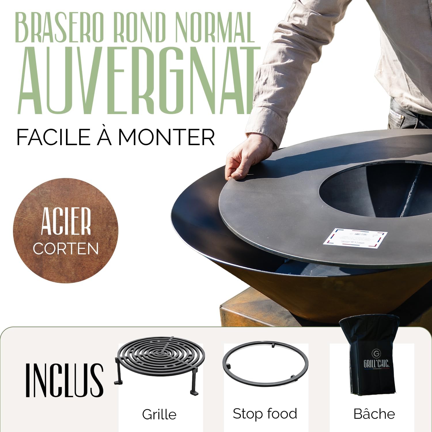 GRILL'CHIC - Pack Privilège Brasero Auvergnat Corten Normal Rond - Simple Cuve - Avec Bâche + Grille + Stop Food Inclus - 5