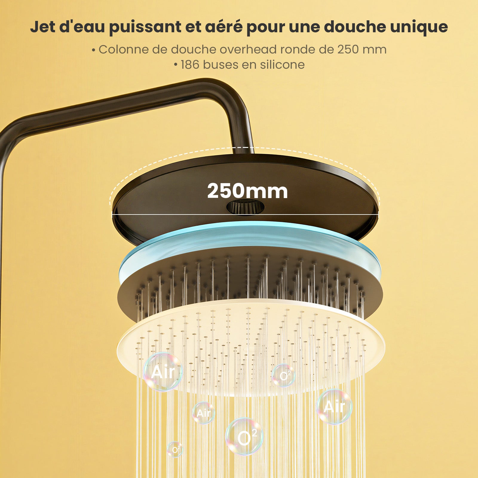 Colonne Douche Sans Robinet en Inox Noir- Ensemble Mural Réglable Avec Pommeau Effet Pluie Rond(25*25 CM),Douchette 4 Fonctions/Étagère - 2