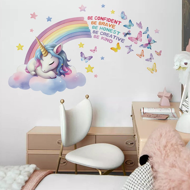 Autocollant Mural Inspirant et Coloré avec Licorne Arc-en-Ciel, Nuages et Papillons, Stickers Muraux à Décoller et Coller - 2