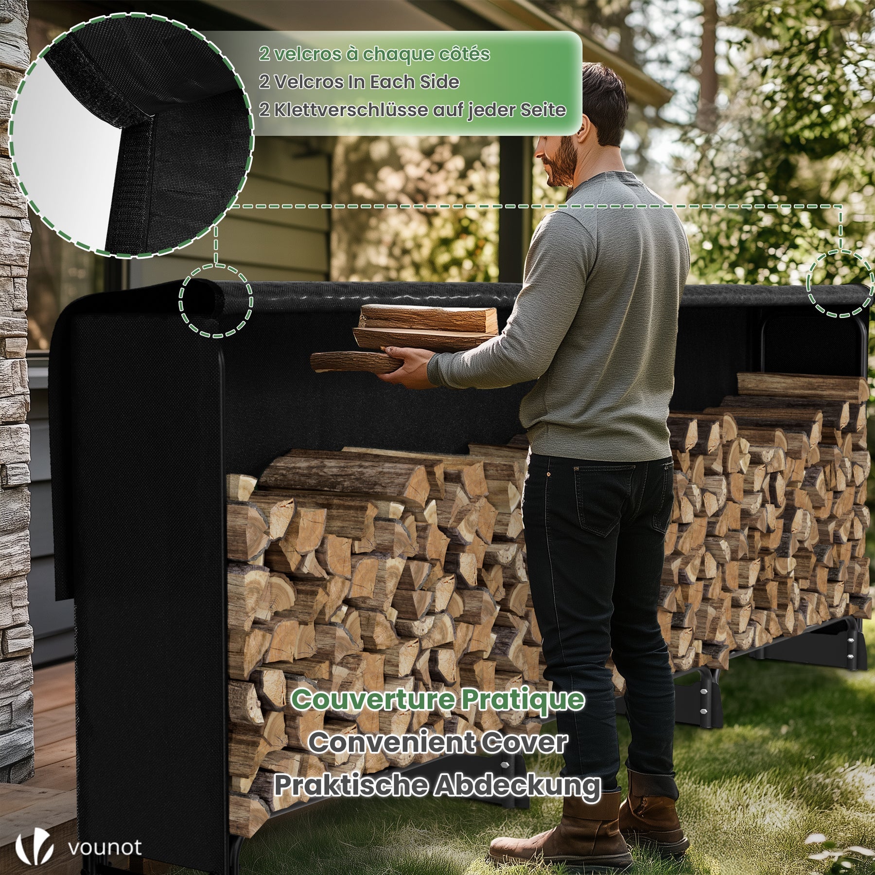 Abri range-bûches 3m avec housse noire - Serre bûche en métal - Support bois de chauffage pour cheminée et extérieur - VOUNOT® - 4