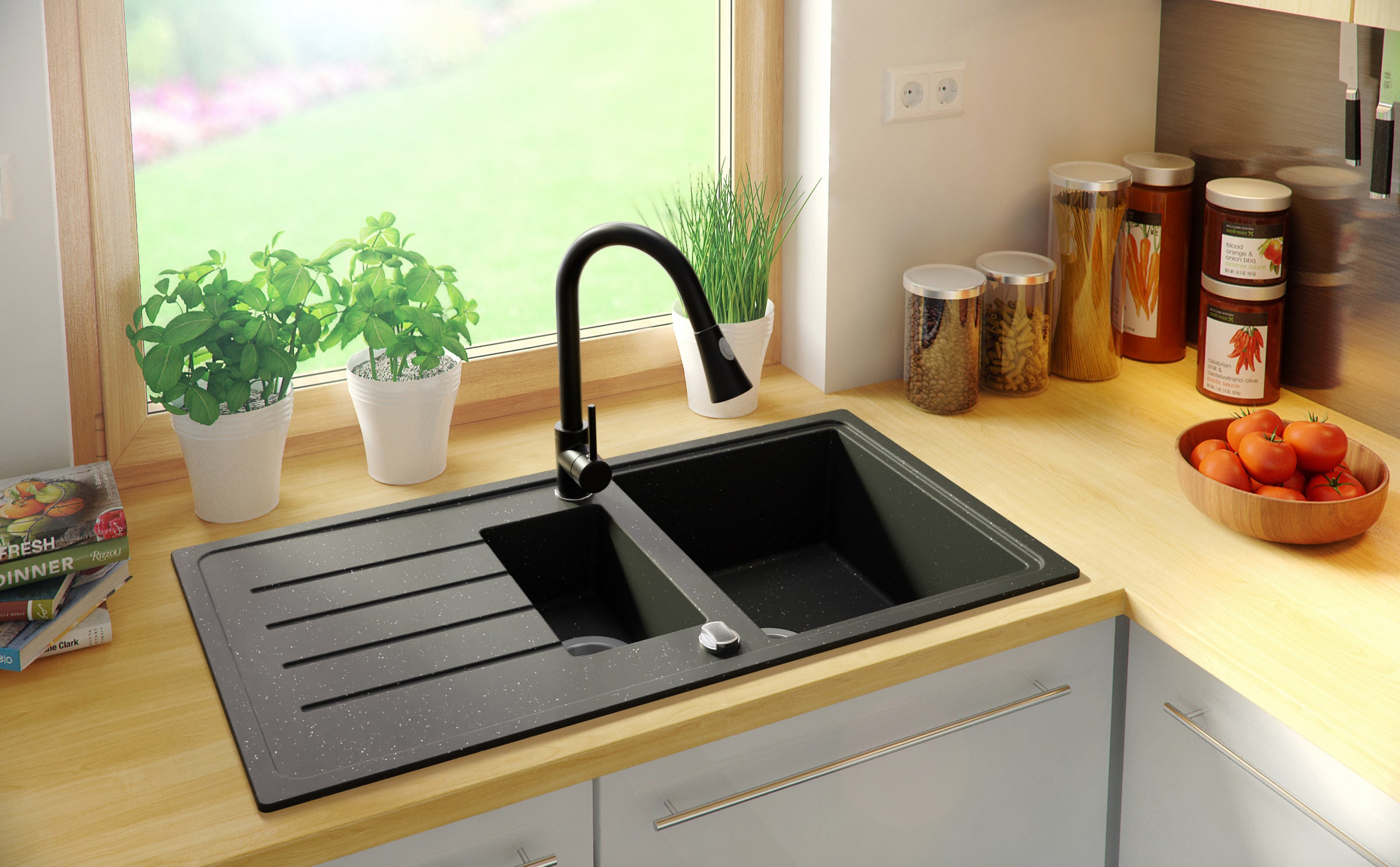 Evier Cuisine en Granit Noir Métallisé 90x50cm, Lavabo 1,5 bacs + Kit de Vidage, Évier à Encastrer au meuble 60cm - Copenhague Duo PRIMAGRAN - 8