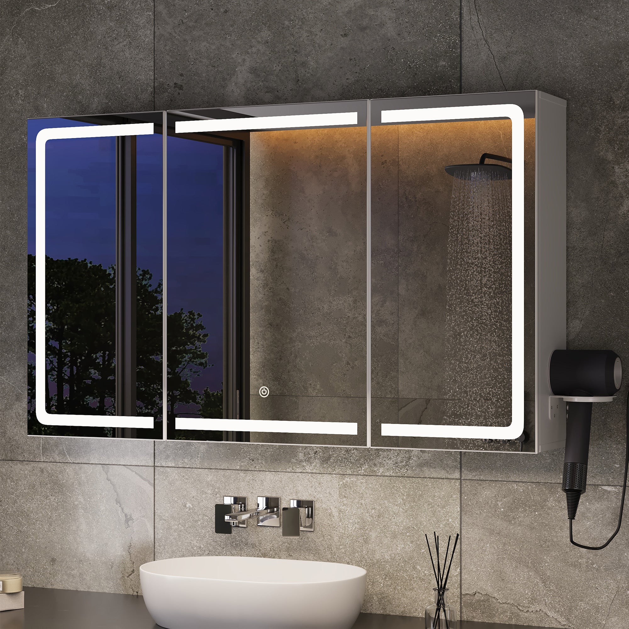Armadio da toilette specchio con LED,3 ante,100 x 16 x 60 cm,ripiani regolabili,3 temperature di luce - 2