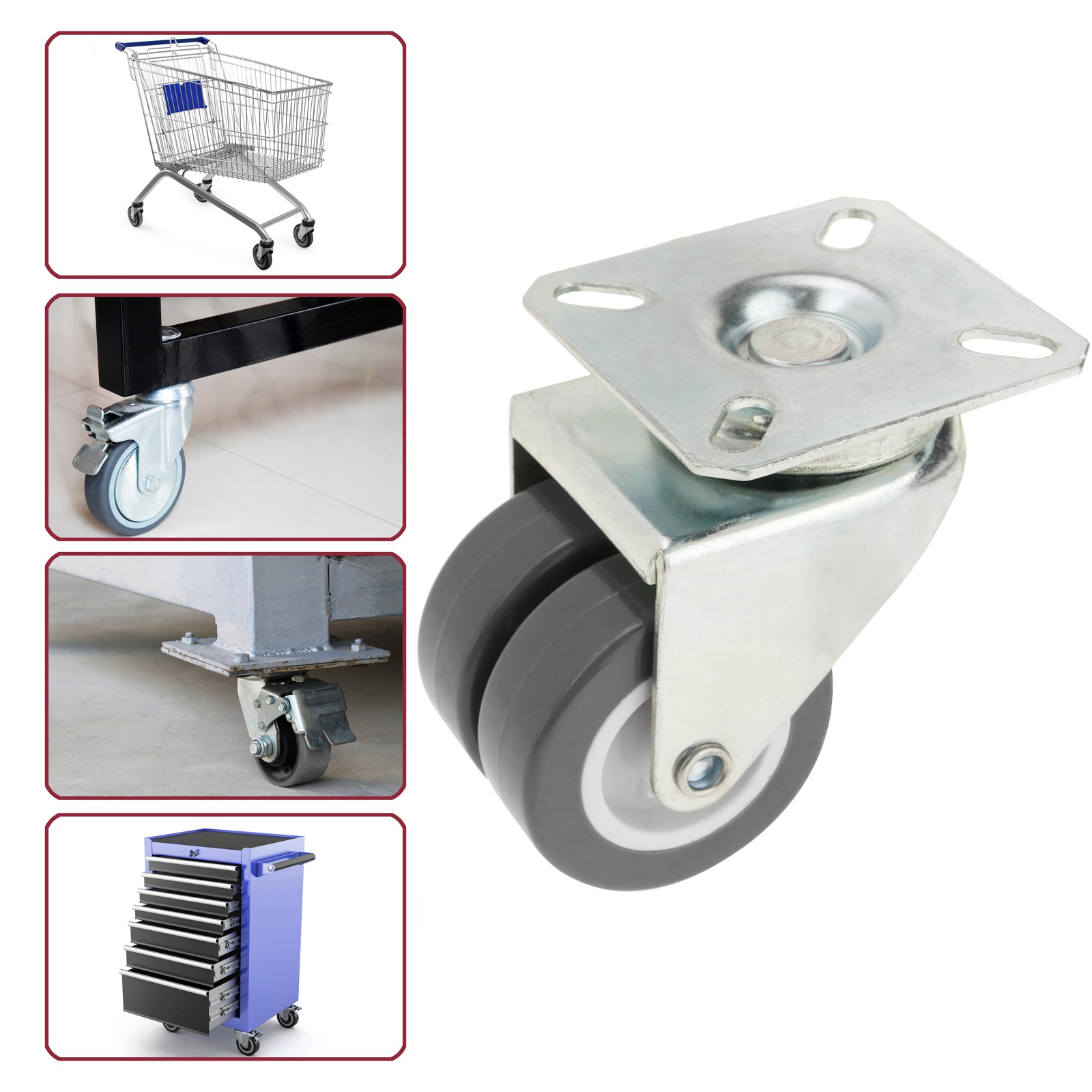 Ruote girevoli doppie design industriale in poliuretano e PVC senza freno, 50 mm, grigio (confezione da 4) - 5