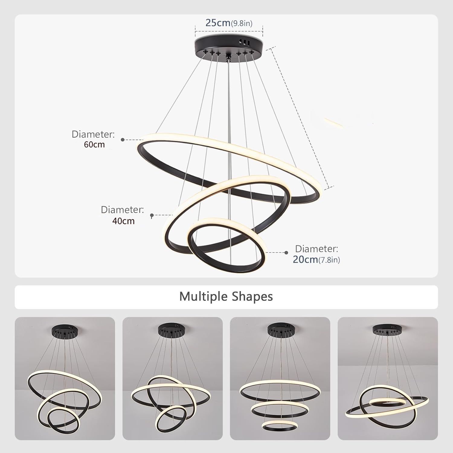 COMELY Suspension LED Moderne Spirale Noir 40W, Lustre 3 Anneaux Dimmable avec Télécommande Ø20+40+60 cm pour Salon Salle à Manger - 4