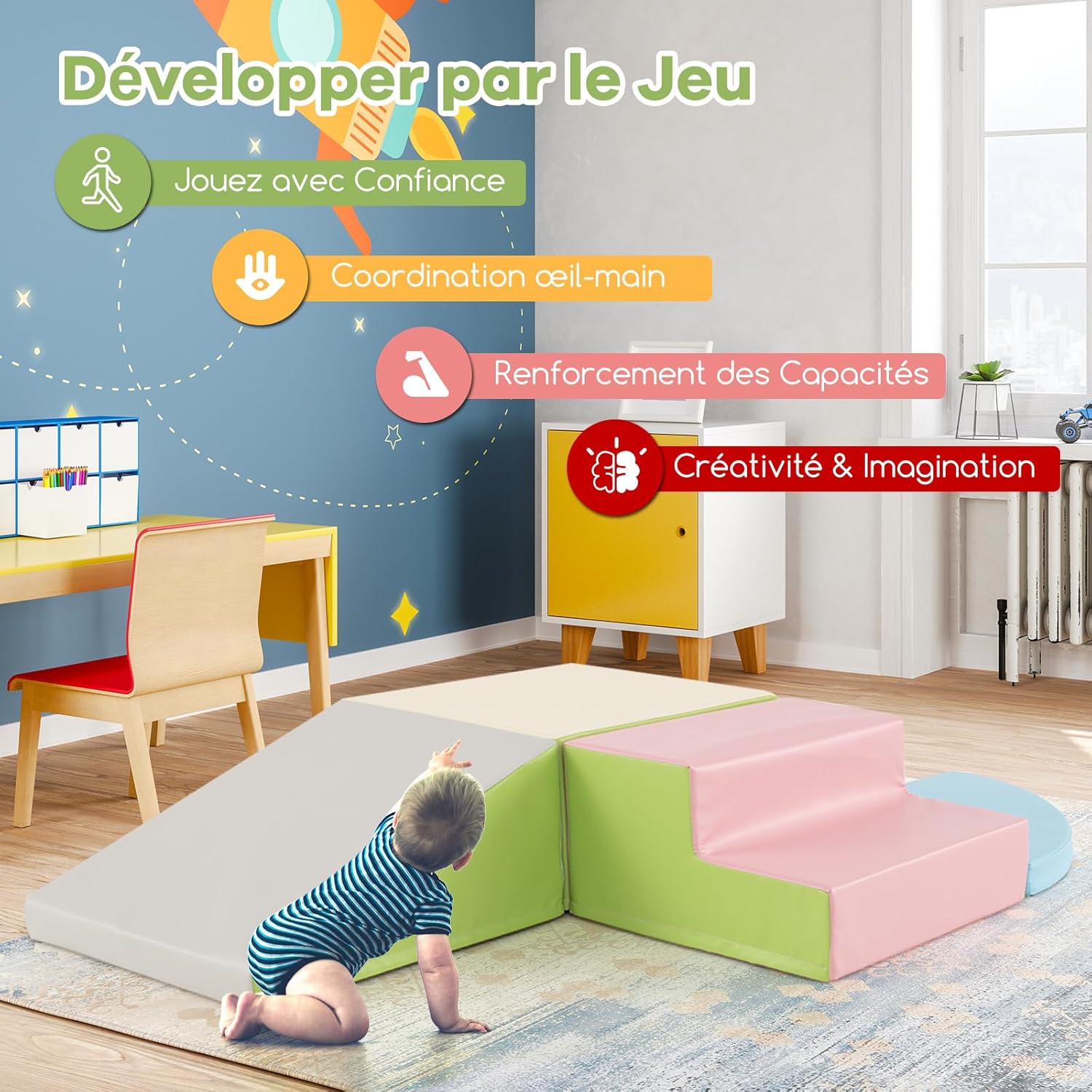 4 Pcs Parcours de Motricité Bébé, Mondule Moticité en Mousse EPE, Revêtement en Simili Cuir, pour Enfants 3 Ans+ ,pour Grimper, Ramper (Rose) - 3