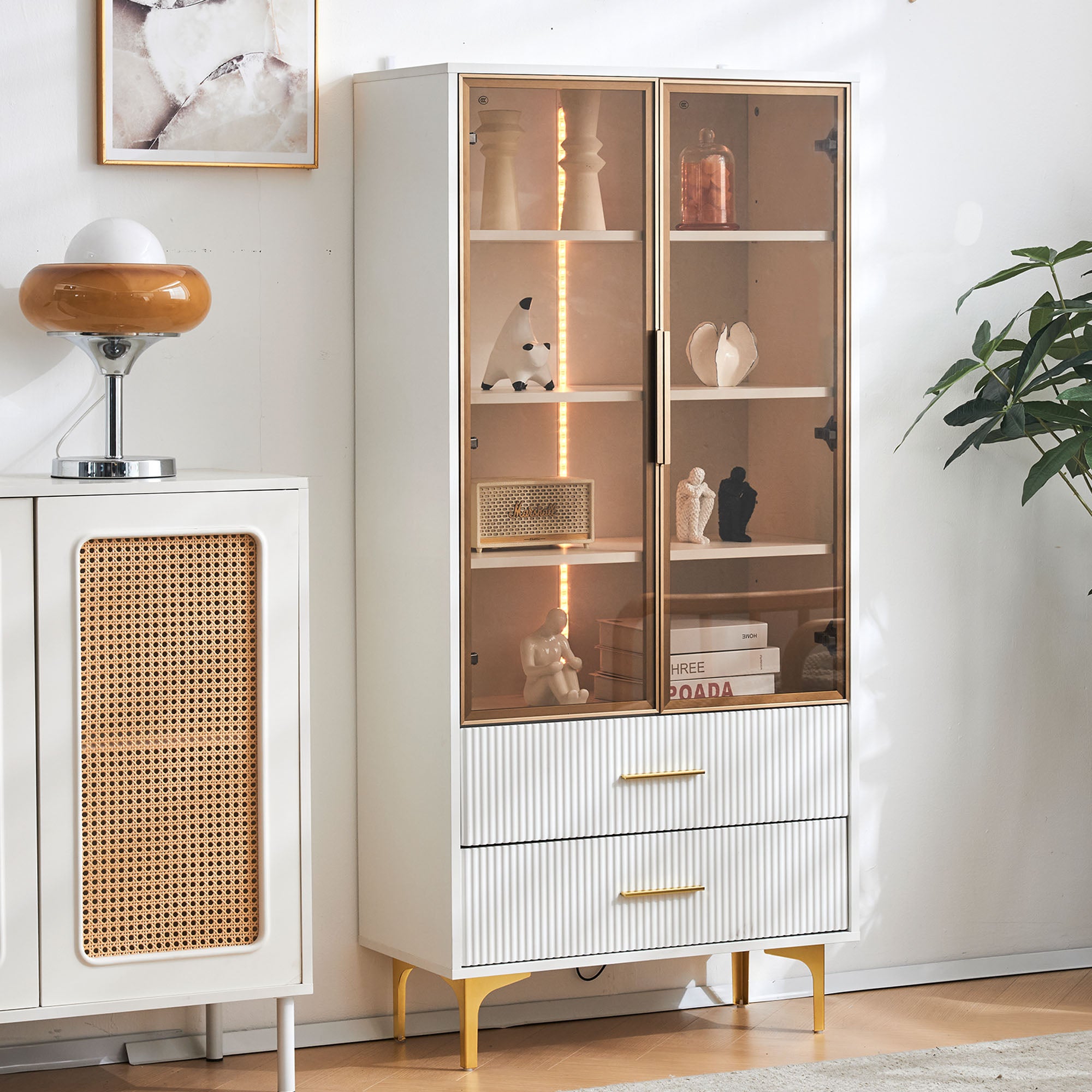 Lot de 2 Vitrine en verre blanc avec éclairage LED et étagères réglables, palette de couleurs platine, blanc - 2