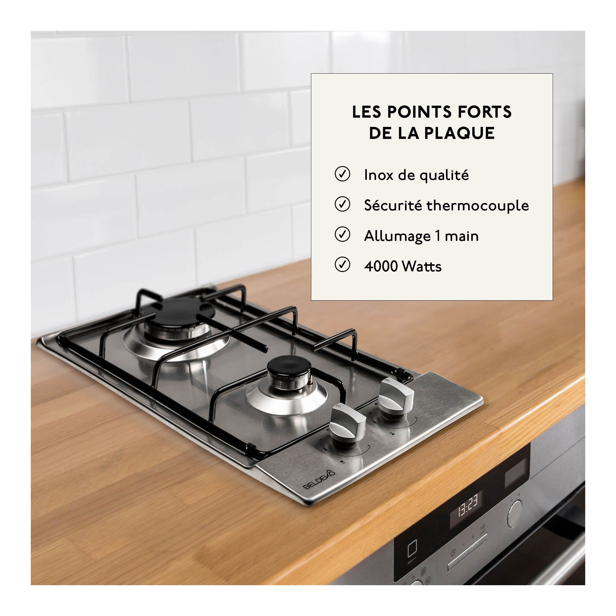 BELDEKO - Plaque Gaz 2 feux Inox - 3000W - Encastrable - Gaz ville et bouteille - 4