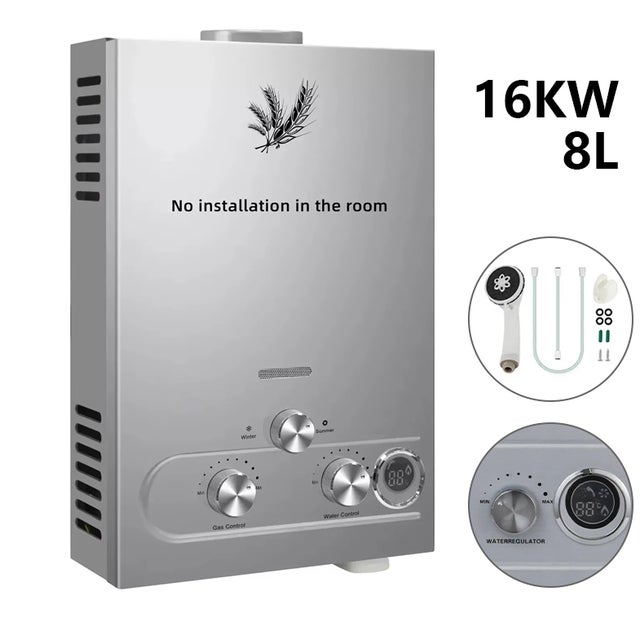 Chauffe-eau instantané au GPL, 8 L 16 kW, Chauffe-eau propane/butane avec affichage LED et protections de sécurité, Chauffe-eau extérieur