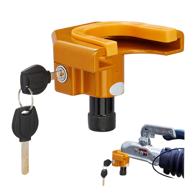 Relaxdays Antivol remorque pour tête d'attelage, 2 clés, protection contre le vol, cadenas pour caravane, orange/noir