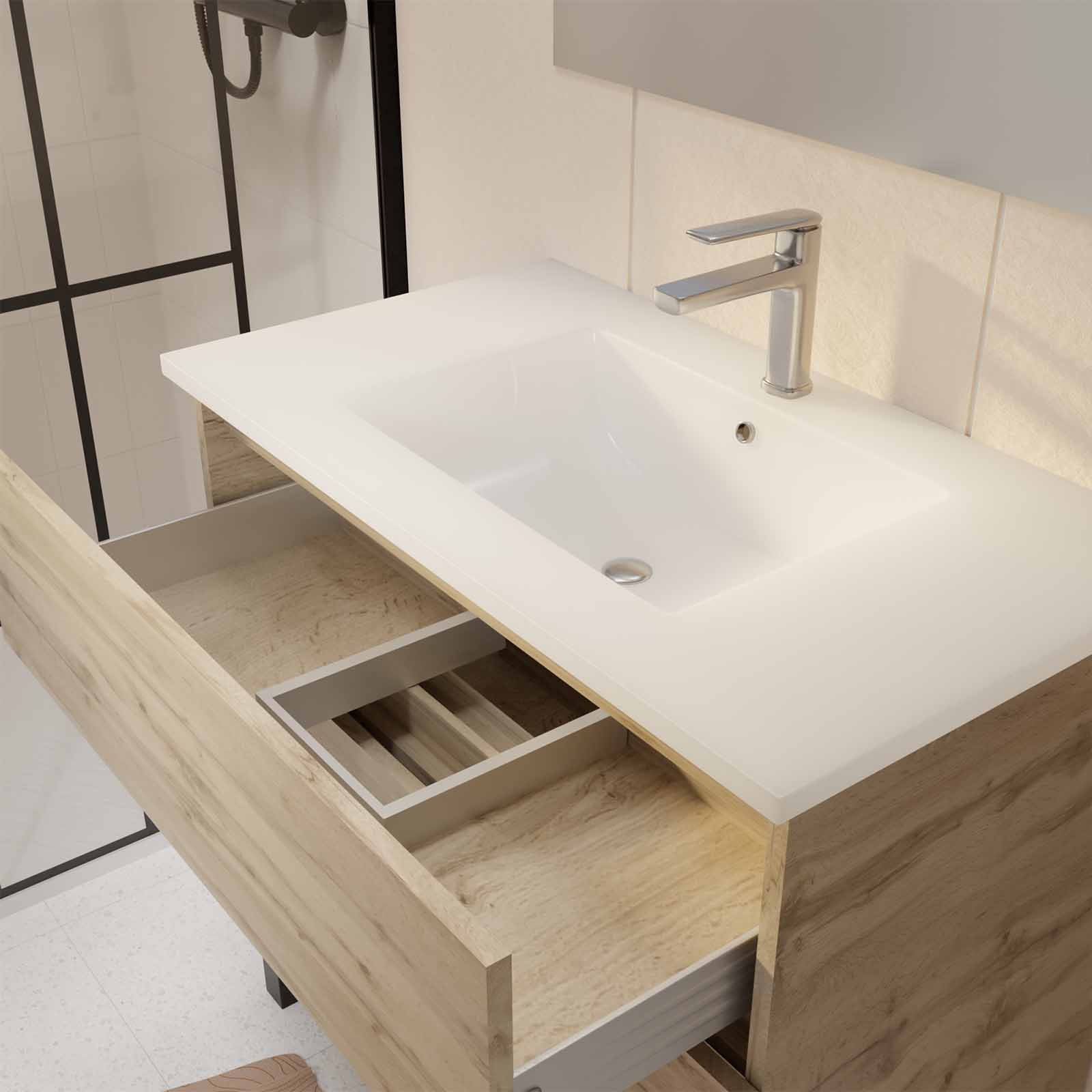 Pack Meuble SDB 80cm sur pieds 3 tiroirs Chene_Vasque blanche + Miroir Led - TIMBER 80_Pack46 - 2