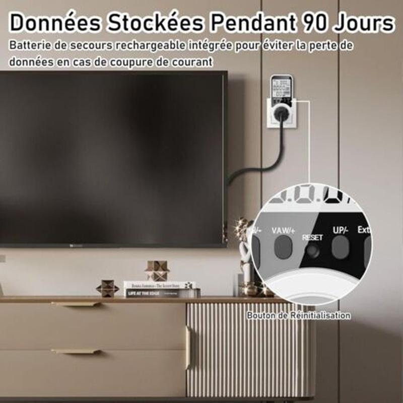 Wattmètre Prise Compteur d'Énergie, Compteur Électrique 11 Modes de Surveillance, Consommation d'Énergie 3680W 16A Max avec Protection de Surcharge - 3