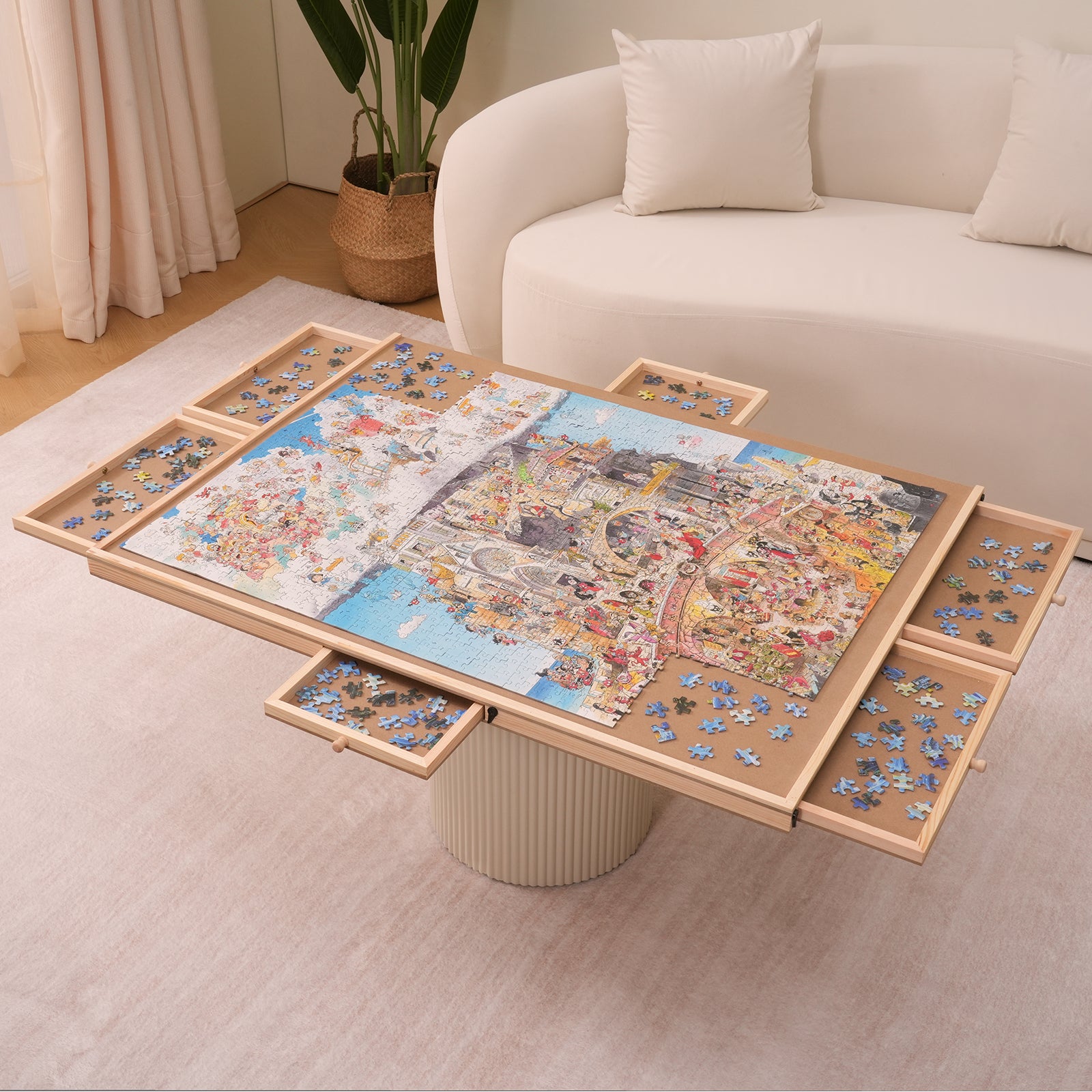 Table Puzzle Xubialo Avec Tiroirs - Réglable Hauteur Et Angle - Pour 1500 Pièces - Roues Et Housse