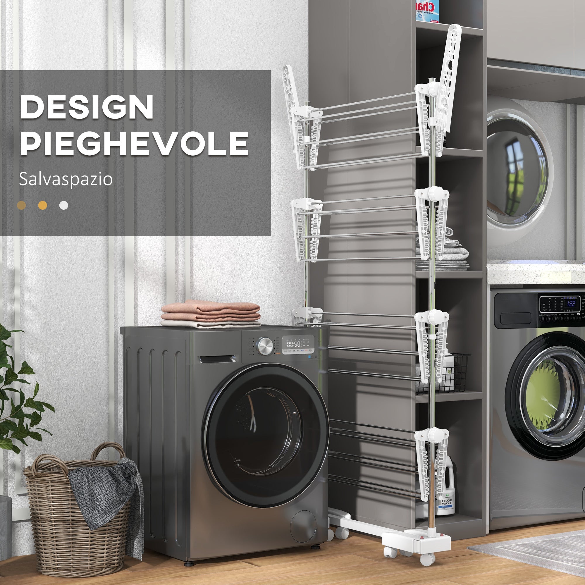 Étendoir à linge pliable en acier inoxydable et plastique,tour de séchage,avec 6 roulettes,crochets et 4 étagères réglables pour une ,142x55x172cm - 7