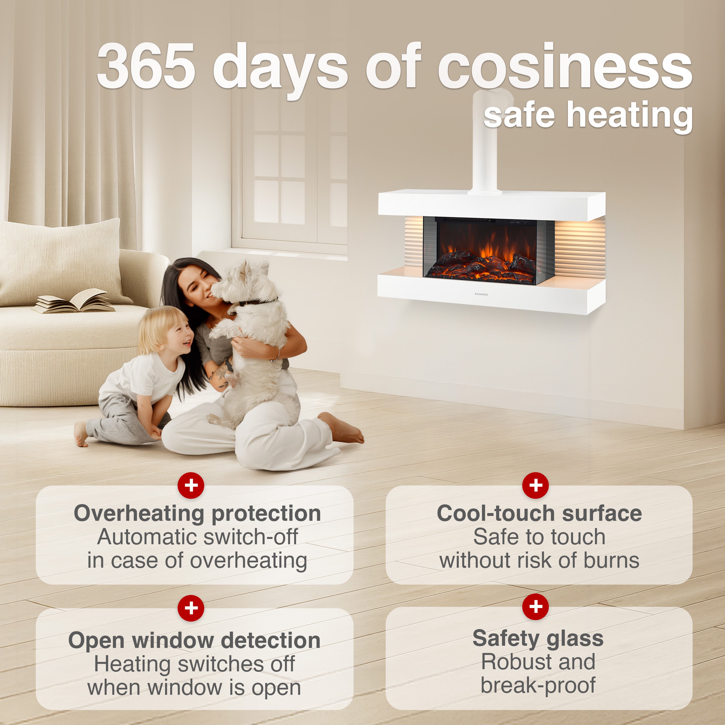 KAMINIO Chimenea eléctrica LIZ con tubo de chimenea - Chimenea de pared con calefacción, llama 3D, luz ambiental, control remoto - Blanco - 5