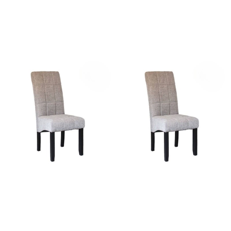 Pakiet 2 krzeseł tapicerowanych szarą tkaniną z czarnymi nogami, kwadratową wyściółką na oparciu i siedzeniu, wymiary 47x62x106,5 cm